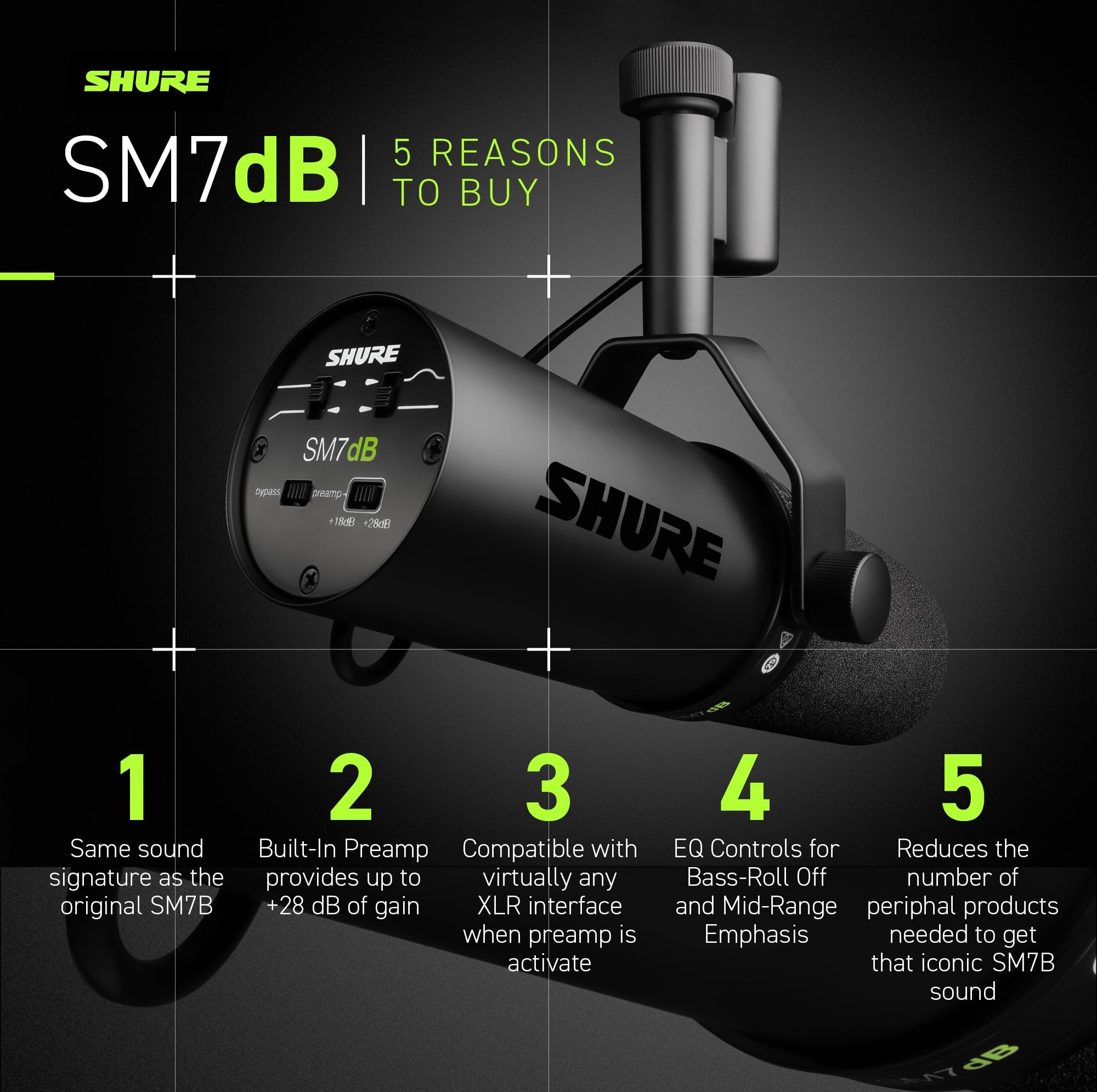 Shure  Microphone - Vocal Dynamic Studio Mic for Broadcast, Podcast, Recording, Gaming & Streaming, XLR, Rugged Construction, Detachable Windscreen, Smooth Sound, Warm Vocals, Wide-Range Frequency: SM7dB (Built-In Preamp)
