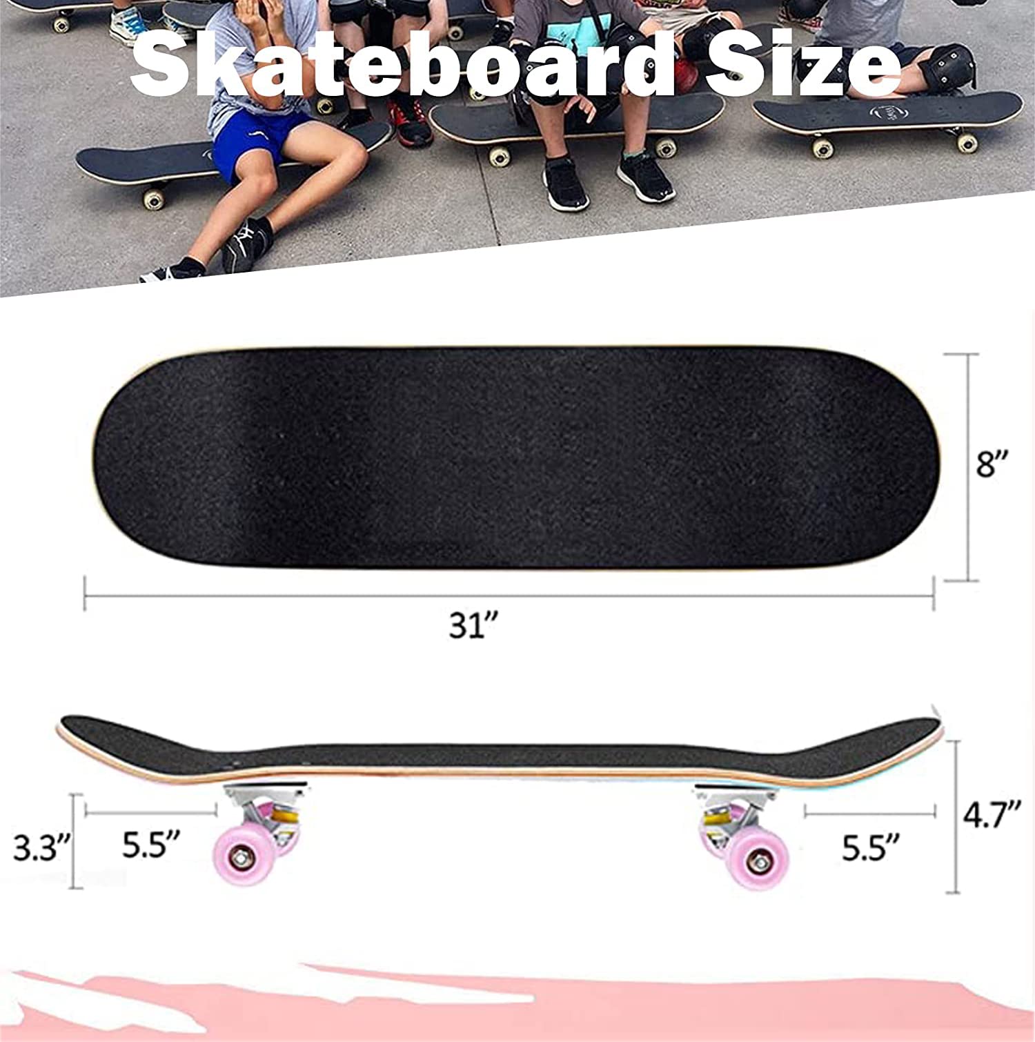 Anime Skateboards for Girls，Pink Complete Standard Skateboard, 31" X 8" Maple Double Kick Concave Skate Boards for Beginners/Kids/Youths/Teens Adult，Cute cat Skateboard