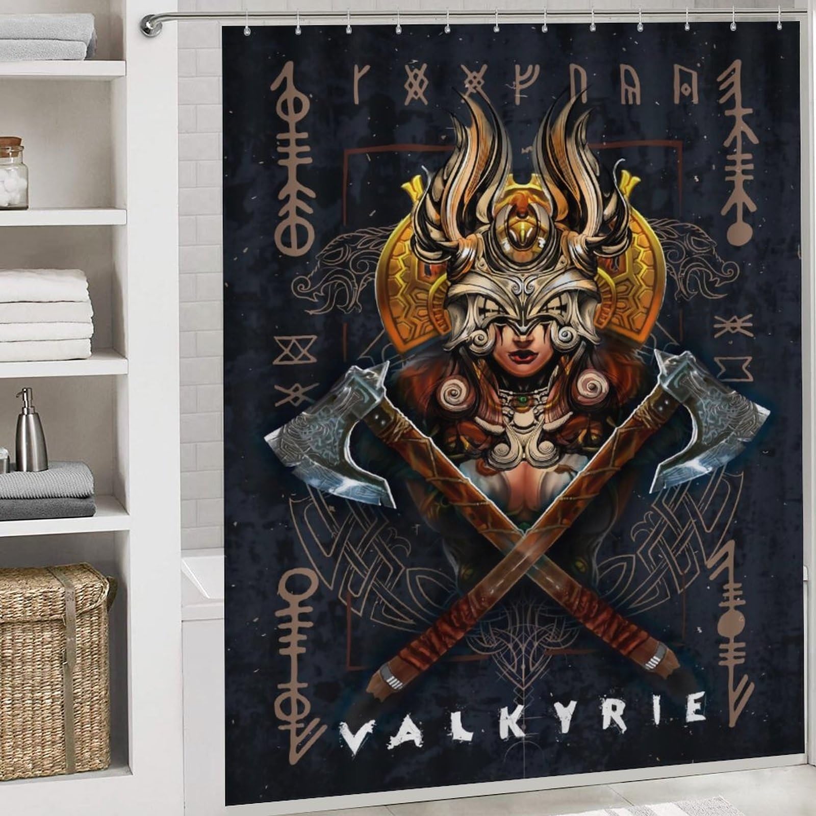 LDZDGD 4PCS Norse Viking Shower Curtain Set, Celtic Pagan Bathroom Art Decor, Waterproof Shower Curtain, Non-Slip Rugs, Toilet Lid Cover and Bath Mat (Color : Valkyrie, Size : 183 x 183CM): Valkyrie 28.3"W x 28.3"L (Pack of 1)