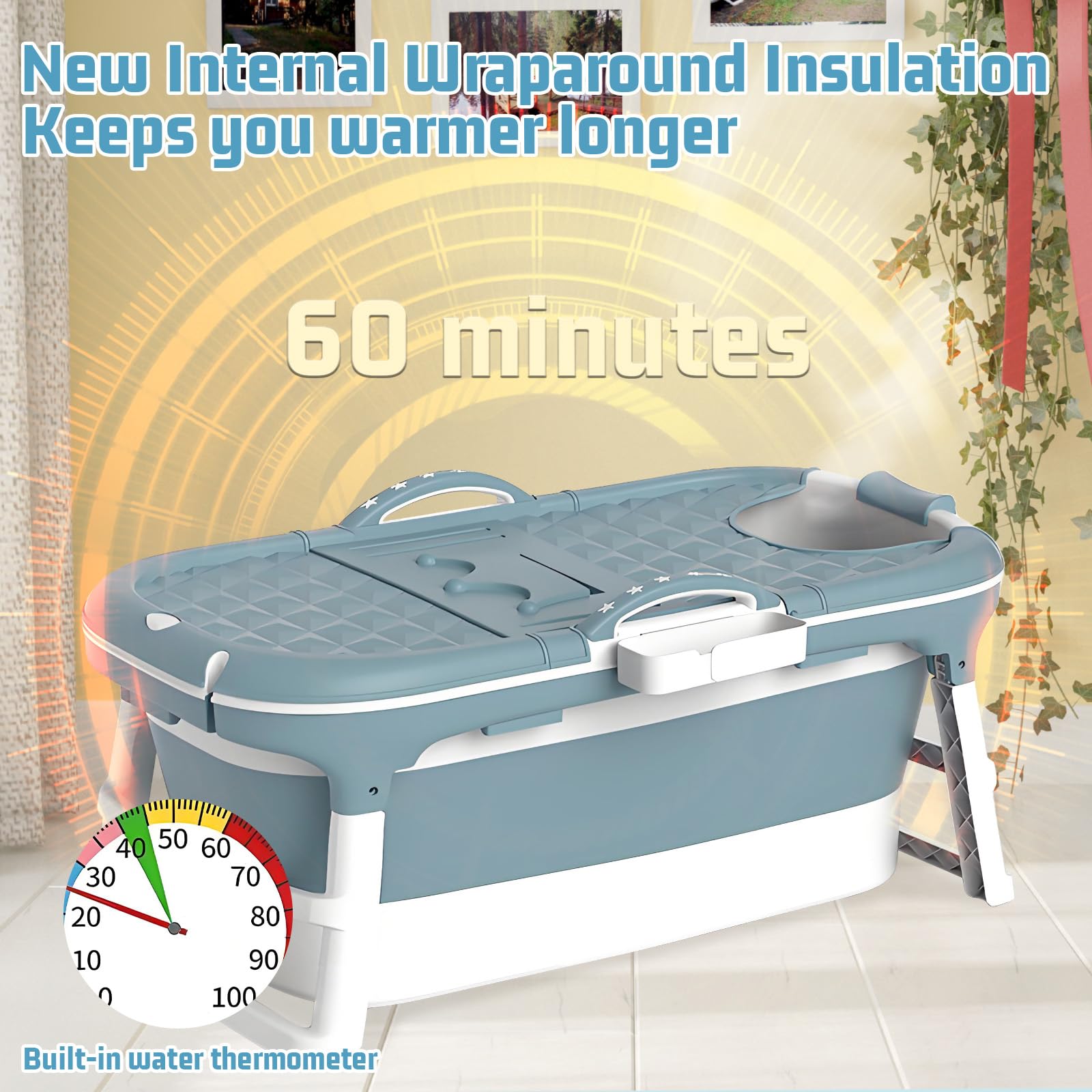 Portable Bathtub with Thermometer,59 Inch Foldable Bathtub for Adults,Soaking Bath Tub with Removable Cushion,Non-Slip Carpet and Cover,Collapsible Tub for Hot Bath, Ice Bath (Blue, 59IN)