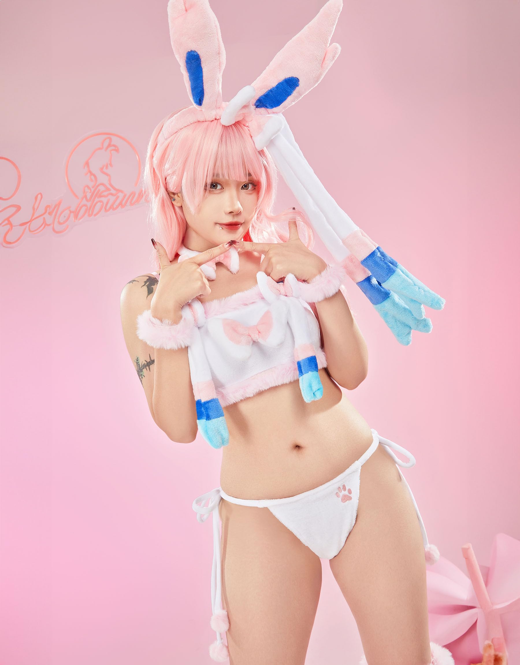 Mobbunny Women Cute Pajamas Set Pink Furry Tube Top and Shorts Anime Cosplay Homewear Sleepwear: Small
