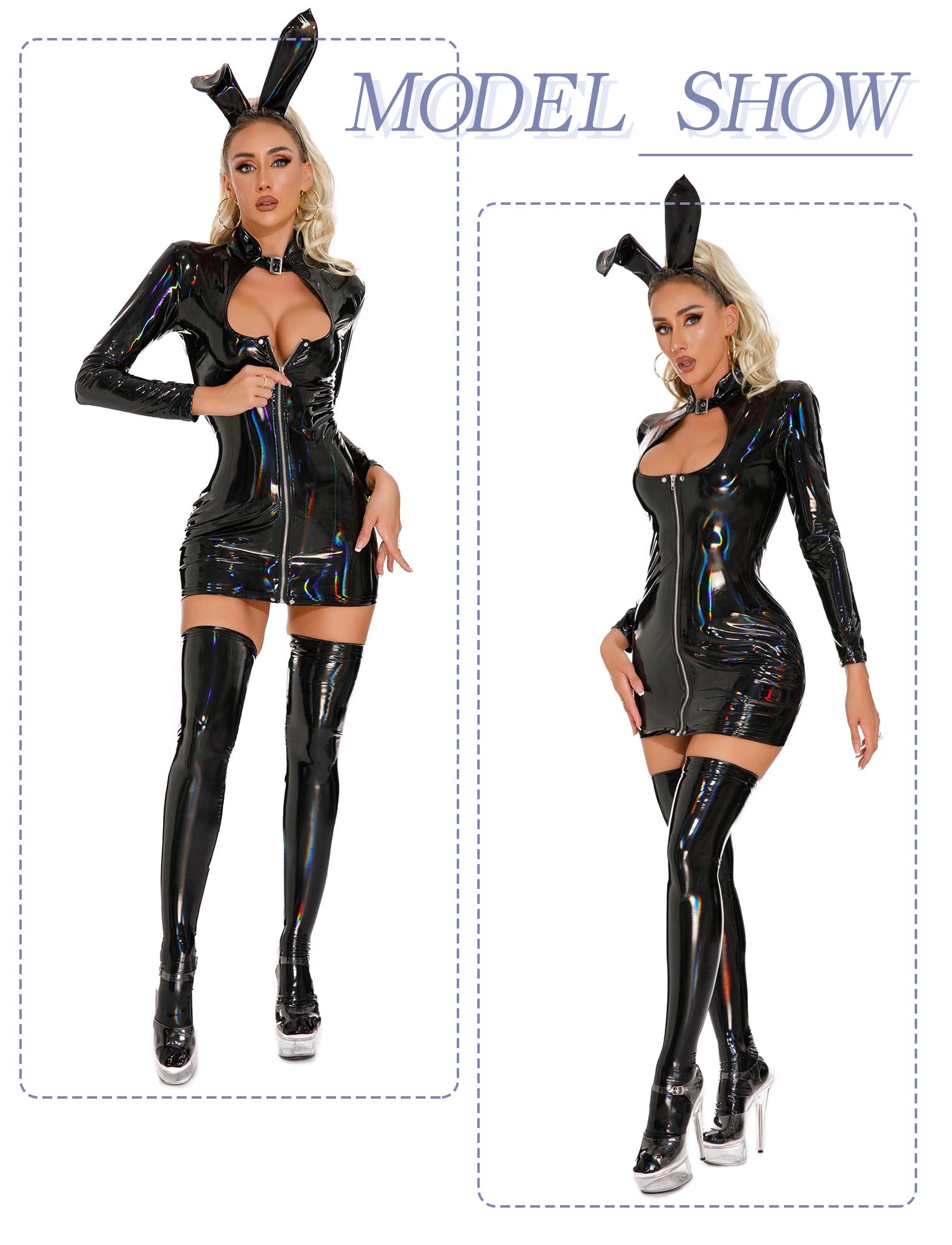 FEOYA Dominatrice Outfits Women Leather Pink Latex Mini Dress Sexy PU Wet Look Lingerie Outfits Halloween Costume: Black Medium