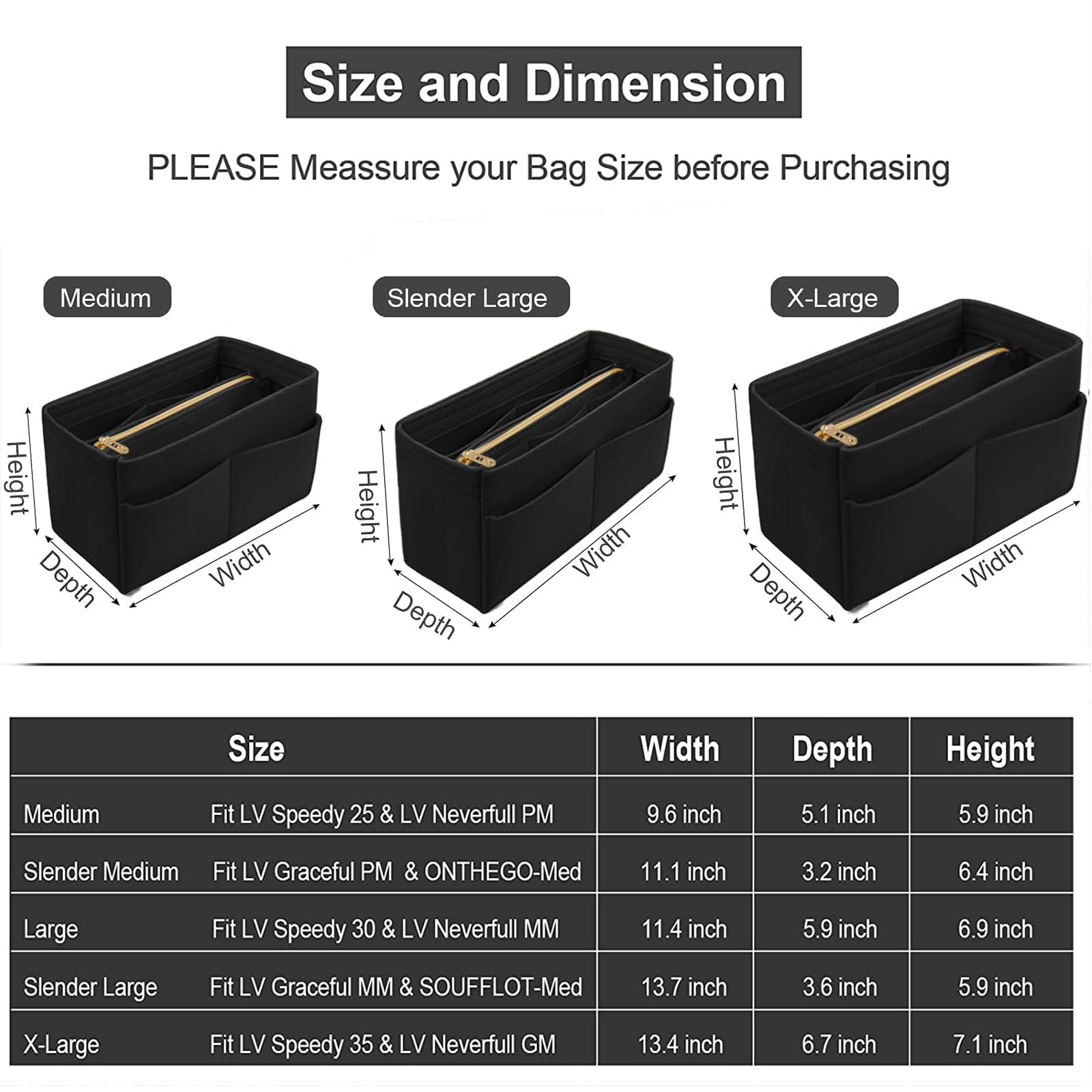 OMYSTYLE Purse Organizer Insert, Felt Tote Bag Organizer Insert with 5 Sizes, Handbag Dividers for Inside Purse, Compatible with Longchamp, Neverful, Speedy and More: Medium Black