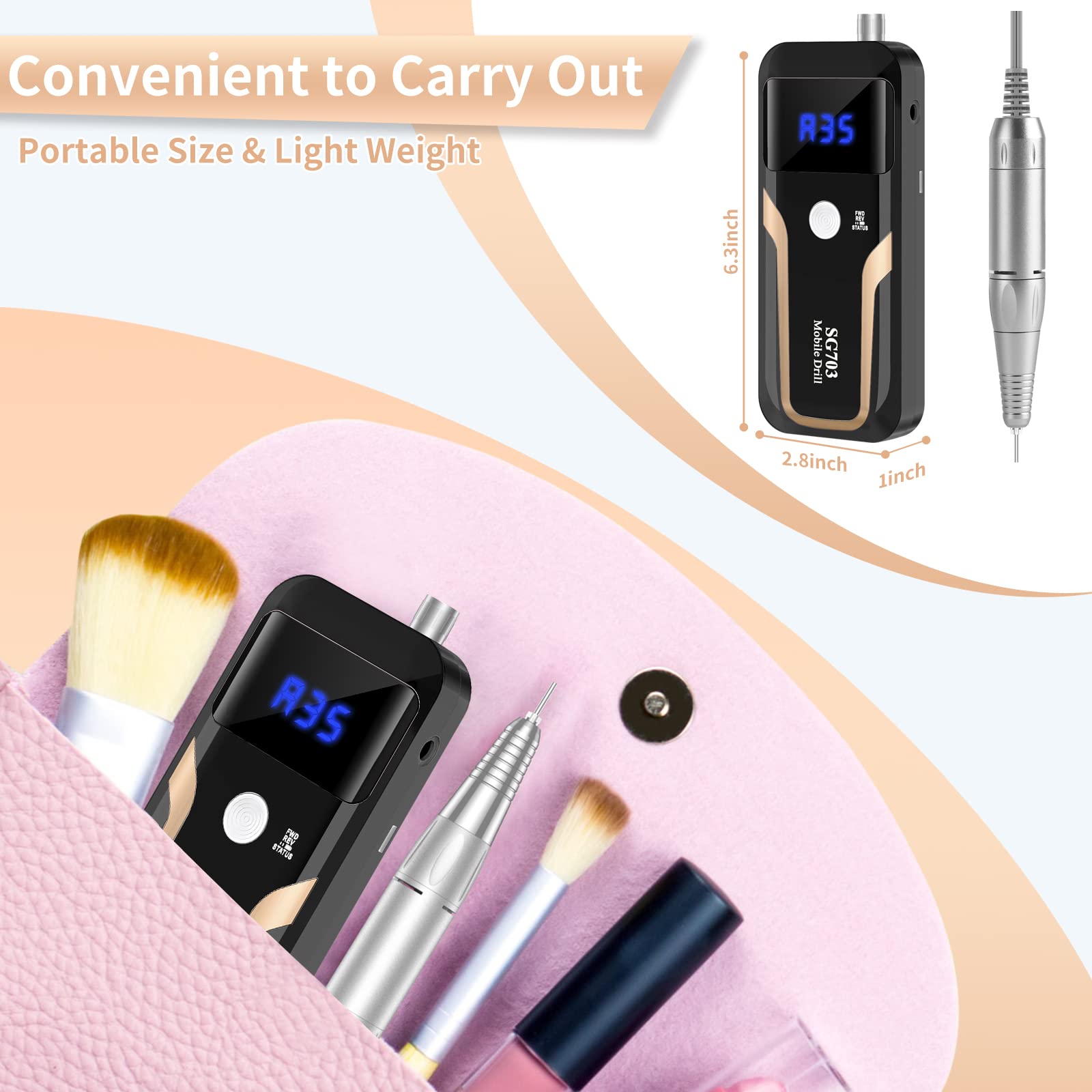Portable Nail Drill Professional 35000 RPM, MOCOWIND Rechargeable Electric Nail File Machine E File for Acrylic Gel Polishing Removing, Cordless E-File with Bits Kit for Manicure Salon Home,: Black