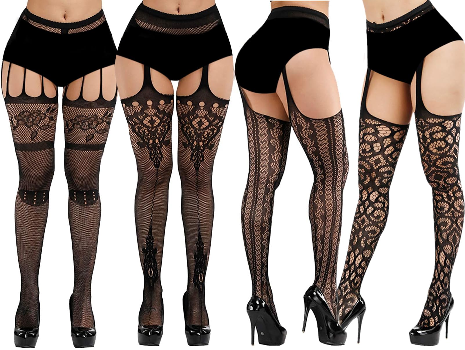 iCamter Plus Size Fishnet Stockings, Black Fishnet Tights Thigh High Stockings Suspender Pantyhose: One Size Black Style 3 (4 Pack)