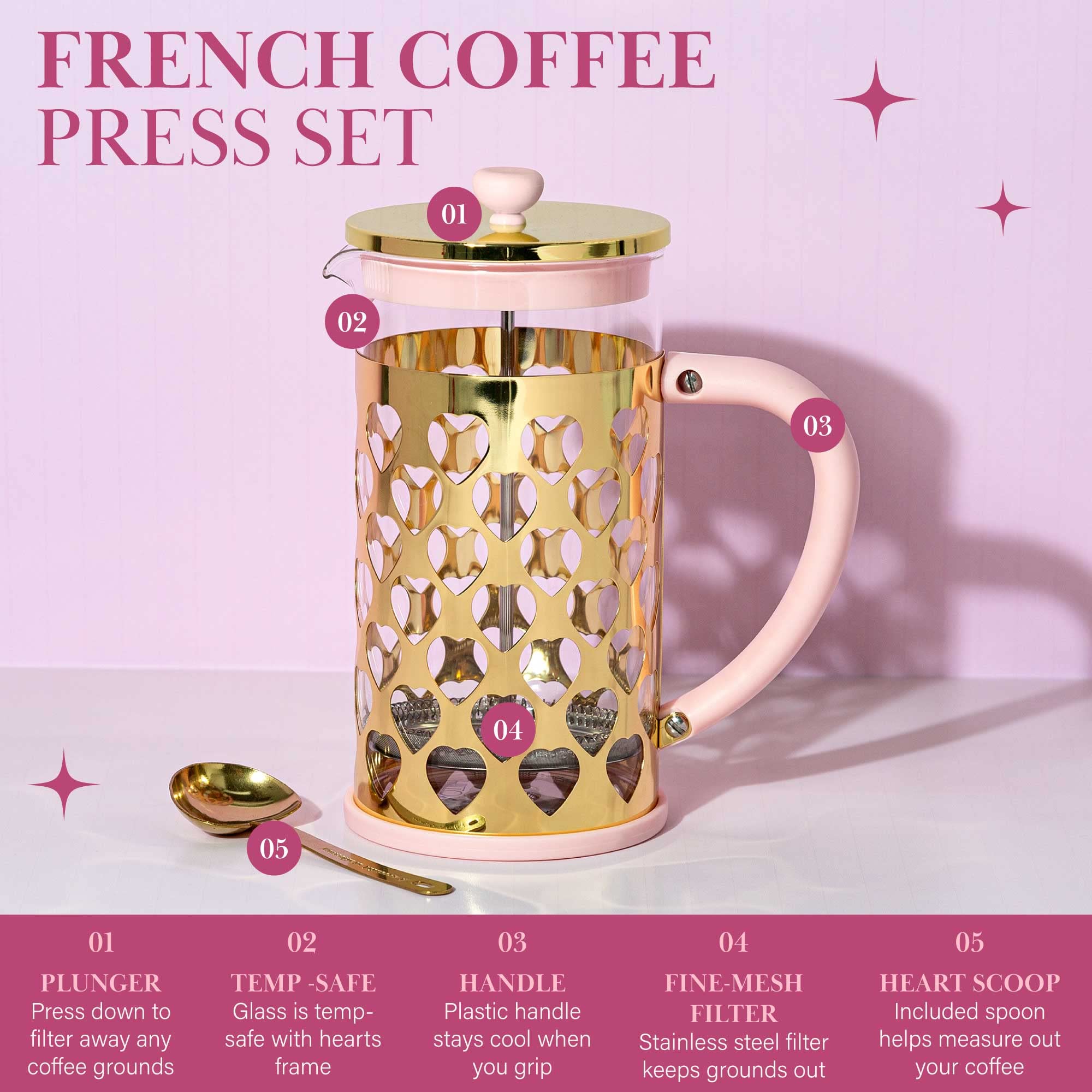 Paris Hilton French Press  With Heart Shaped Measuring Scoop, 2-Piece Set, 8-Cup or 34-Ounce, Pink: Coffee Maker