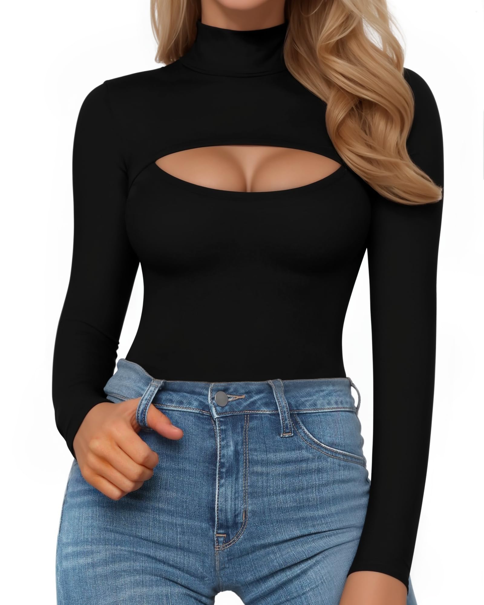MANGOPOP Women's Mock Neck Cutout Front Bodysuit Long Sleeve Sleeveless Turtle Neck Body Suits Sexy Tops: Fleece Lined Large Black Fleece Lined