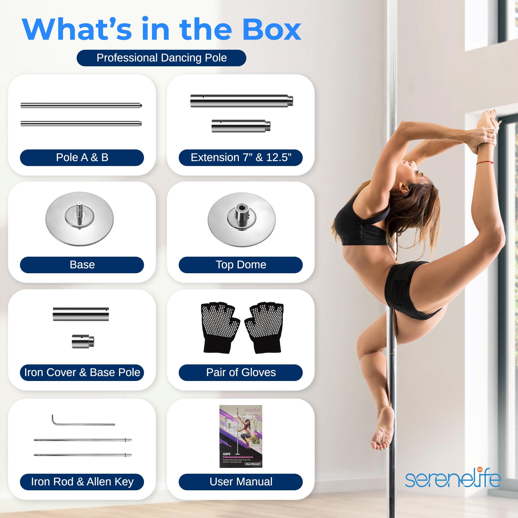 SereneLife Professional Spinning Dance Pole, 45mm Portable Exercise Pole for Fitness – Durable Steel Build, Anti-Rust Finish, Suitable for Home, Club, Gym, Party, Pub: Silver