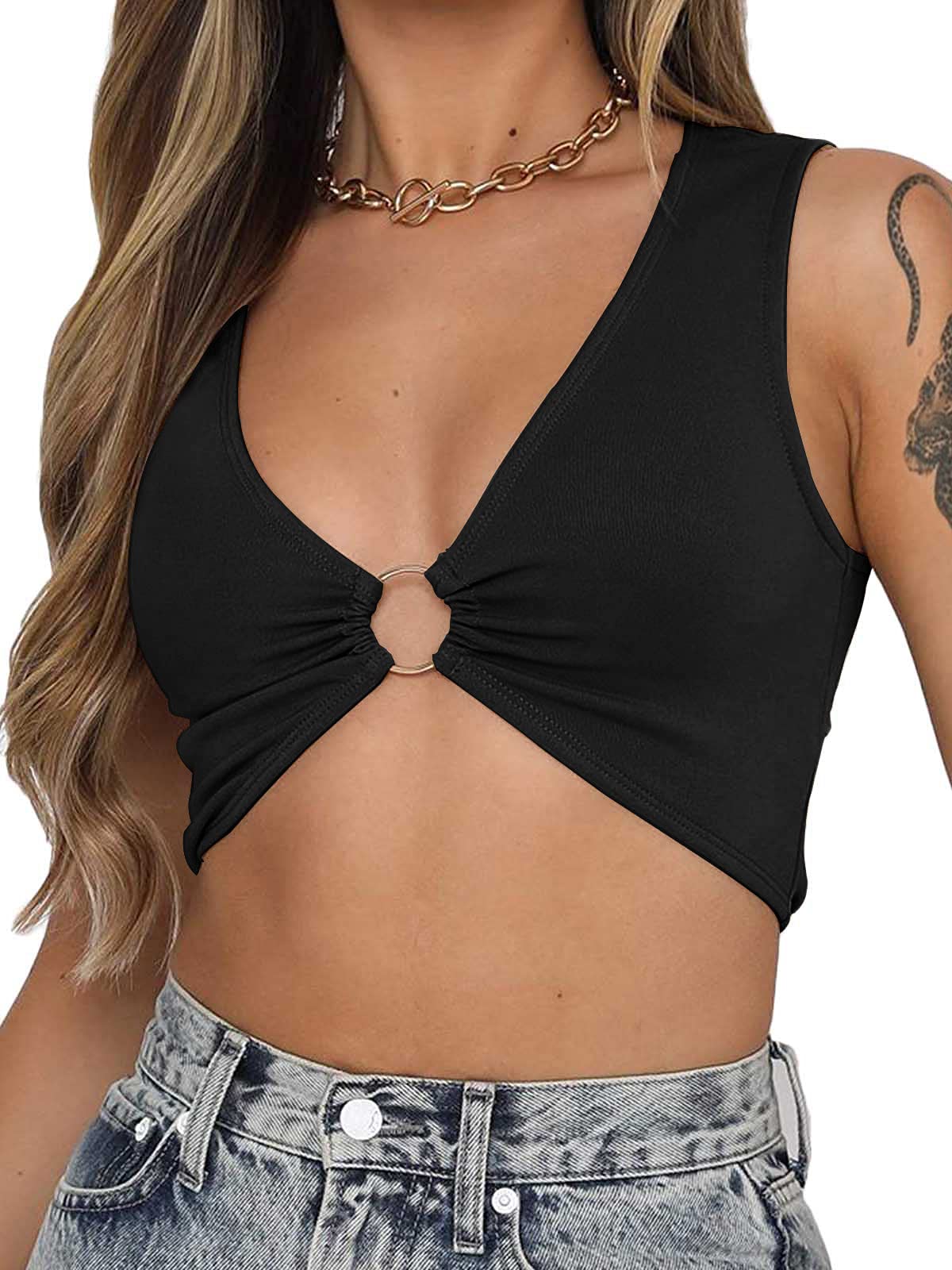 BEJONS Women Sexy Y2k Corset Like Crop Top Deep V Neck Bra Night Going Out Festival Rave Top: Black Medium