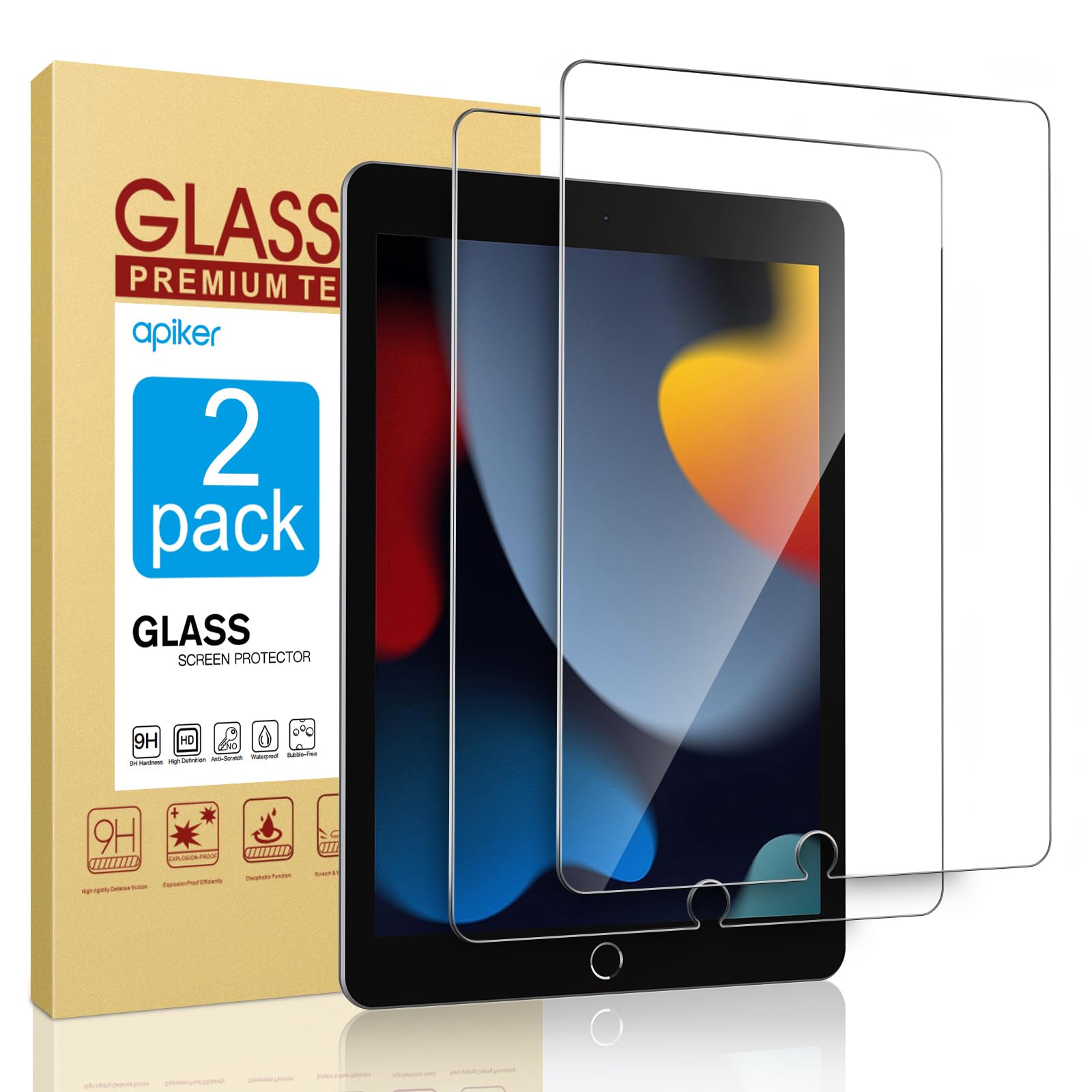 apiker 2 Pack Screen Protector for iPad 9th 8th 7th Generation 10.2 Inch, Tempered Glass Film for iPad 9 8 7 (2021/2020/2019), Case Friendly & Apple Pencil Compatible