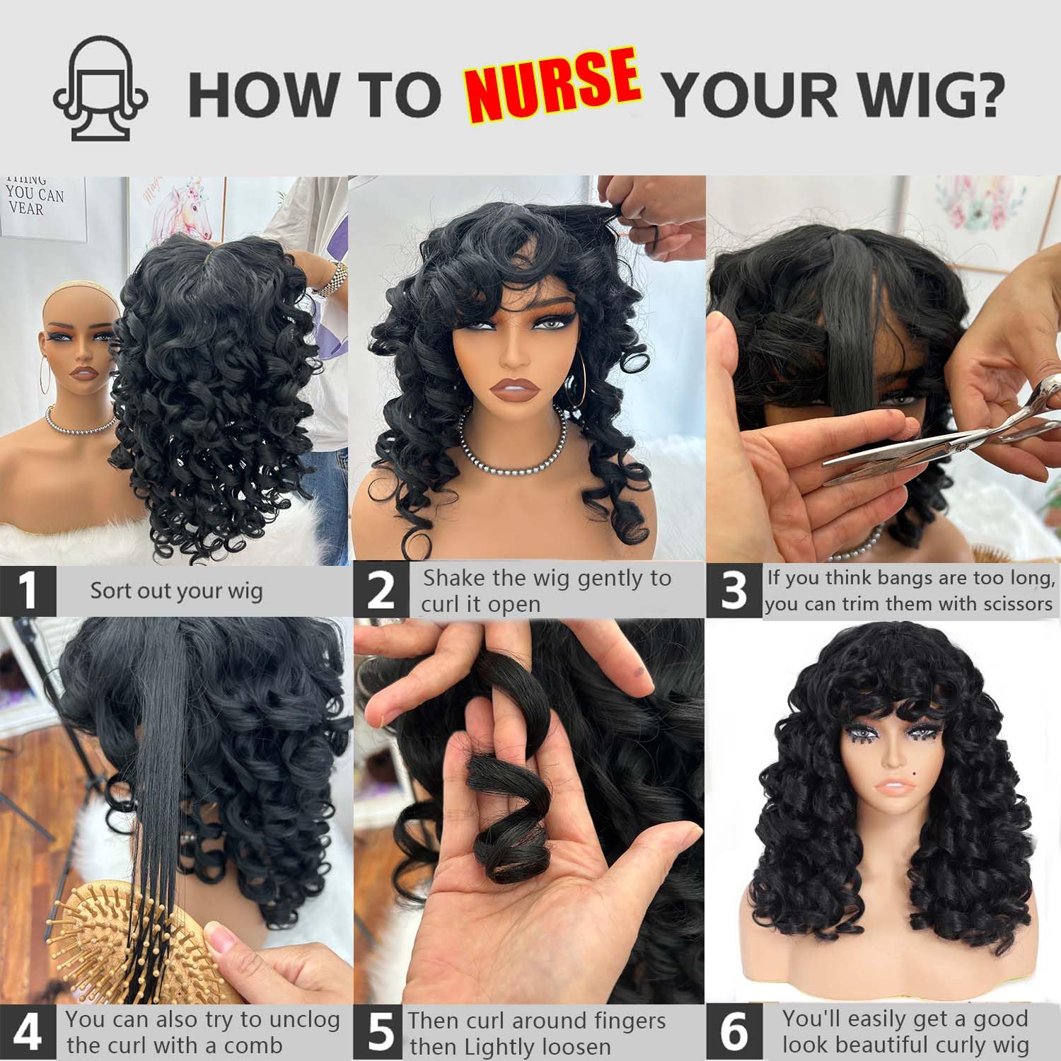 GKtineke Curly Wig with Bangs, 20 Inch, , Synthetic Hair, Heat Resistant, Modern Style, Female, 22.5 Inch Cap Size, Curly Wig with Bangs for White & Black Women, Cosplay & Daily Use: black
