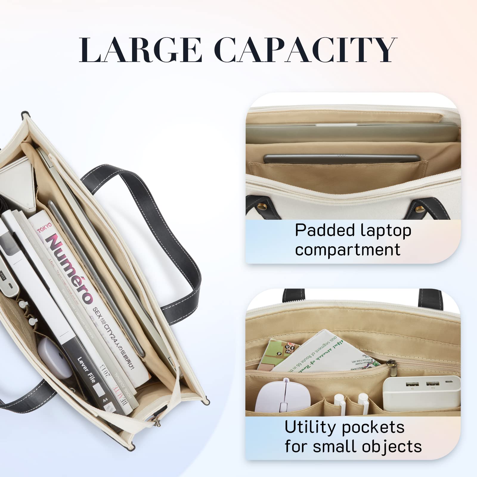 Missnine Tote Bag Canvas Laptop Bag 15.6 inch Briefcase for Women Large Capacity Handbag for Office, College, Travel (Black+Beige)