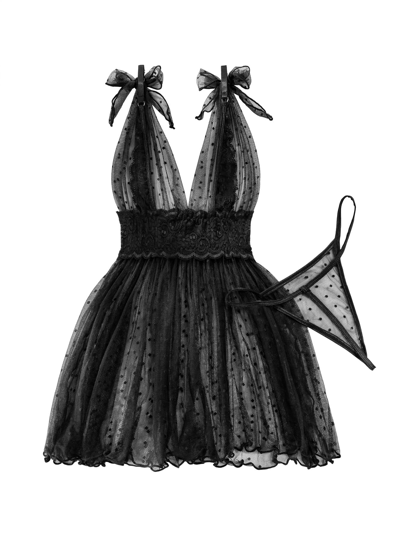 Lilosy Sexy Polka Dots Mesh Sheer Lace Babydoll Chemise Lingerie Set Floral Lace Sleep Wear: 3X-Large Black