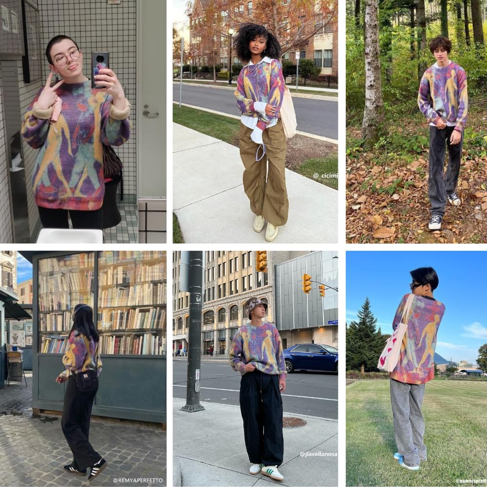Aelfric Eden Neon Color Block Knit Sweater Casual Oversized Pullover: Purple Small