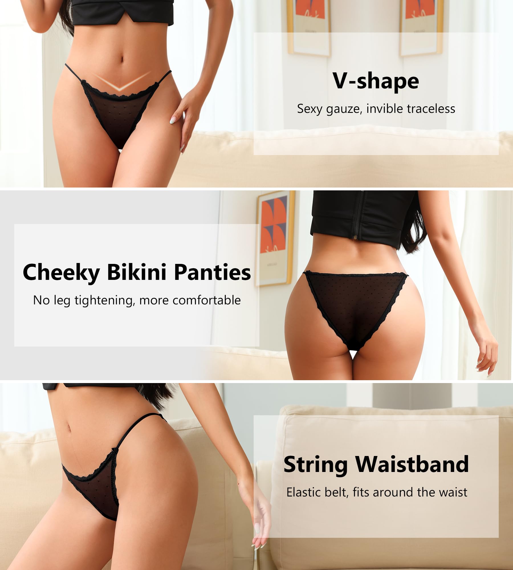 J-pone Sexy Underwear for Women String Bikini Underwear for Women High Cut Breathable Hipster Cheeky Lace Panties 5Pack: Small 5 Pack Black