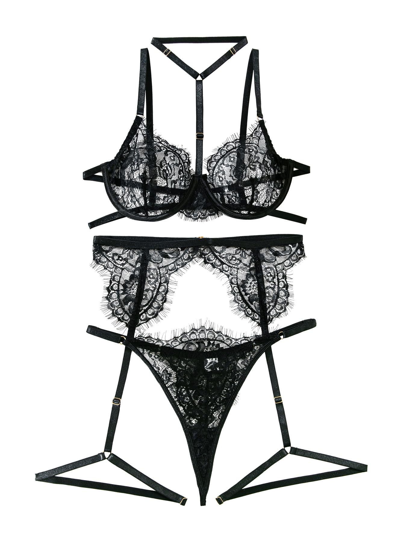 Lilosy Sexy Choker Floral Lace Underwire Push Up Garter Belt Lingerie Set for Women Sheer Bra and Panty 3 Piece: Small Eyelash Black