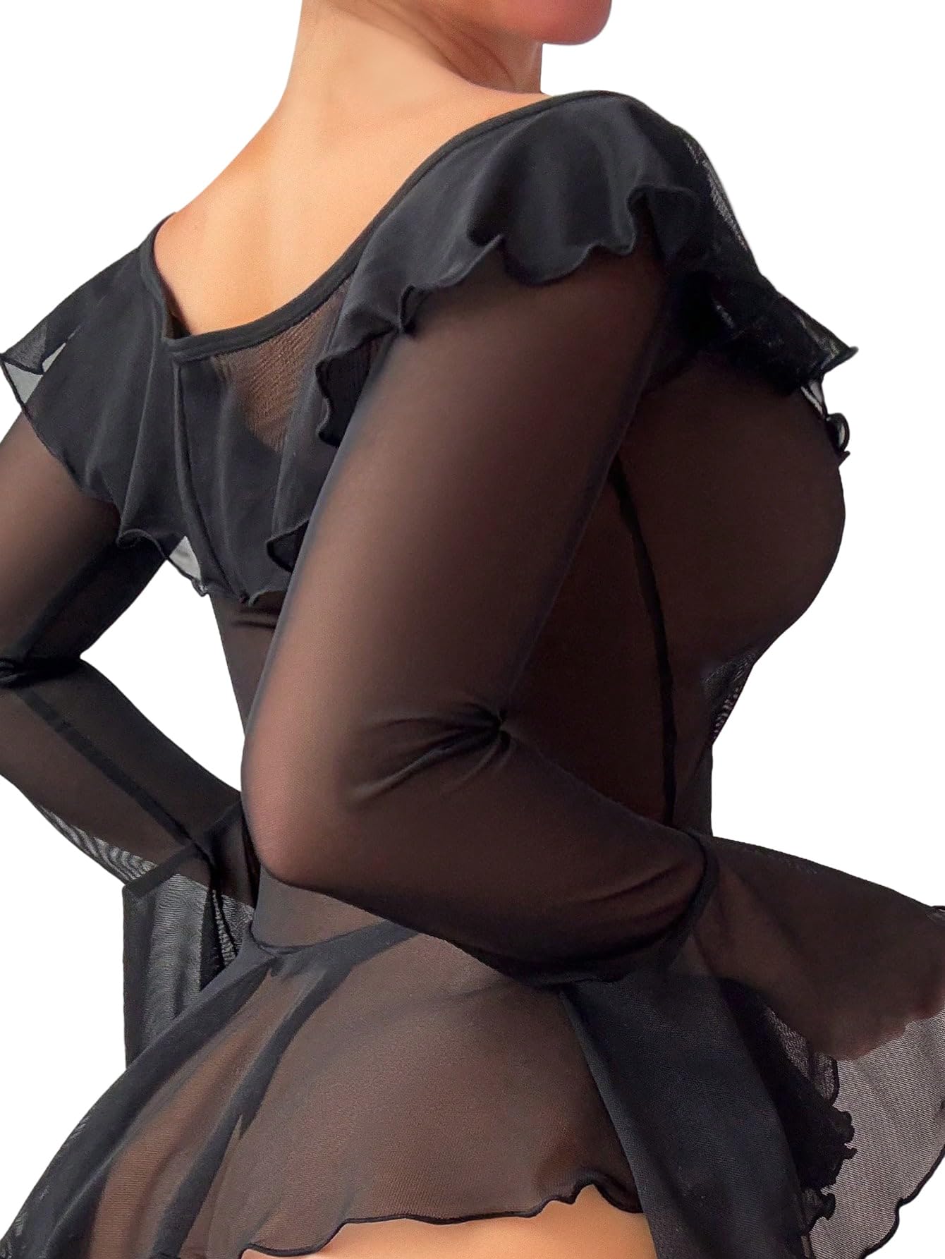 Foxiny Sexy Rave Ruffle Bell Sleeve Mesh Sheer Babydoll Lingerie Set Dress with Thong 2 Piece: Small Black