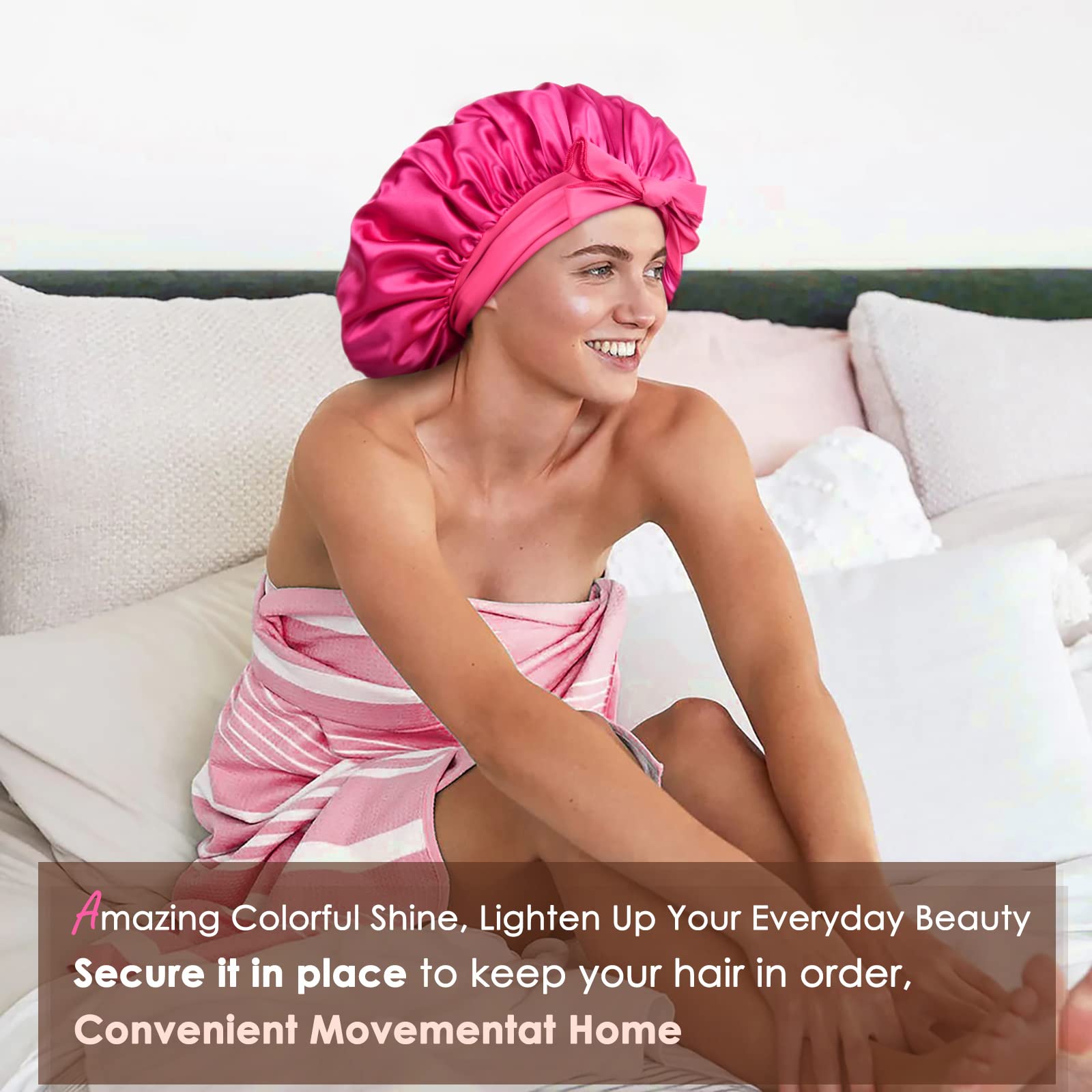 YANIBEST Silk Bonnet for Sleeping Women Satin Bonnet Double Layer Satin Lined Hair Bonnet with Tie Band Curly Hair: Hot Pink