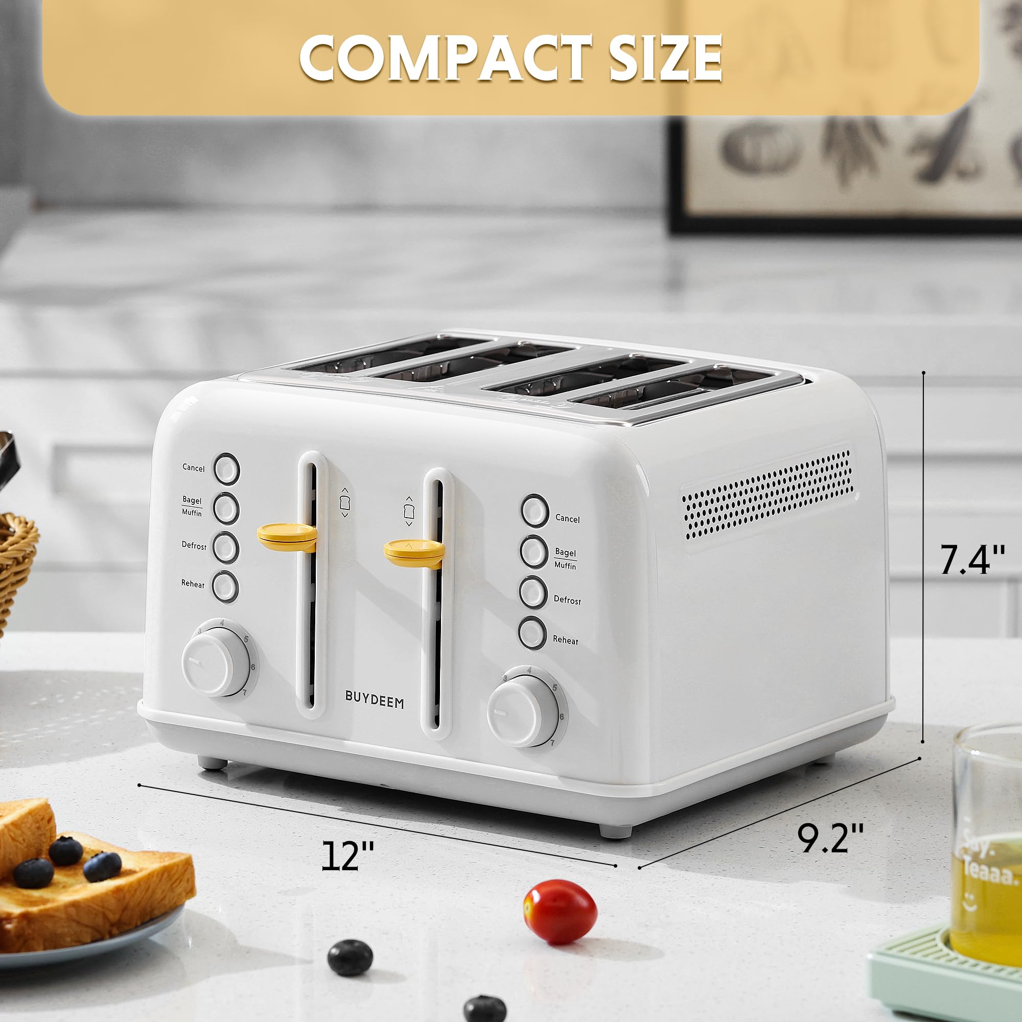 BUYDEEM DT640 4-Slice Toaster, Extra Wide Slots, Retro Stainless Steel with High Lift Lever, Bagel and Muffin Function, Removal Crumb Tray, 7-Shade Settings,Mellow Yellow