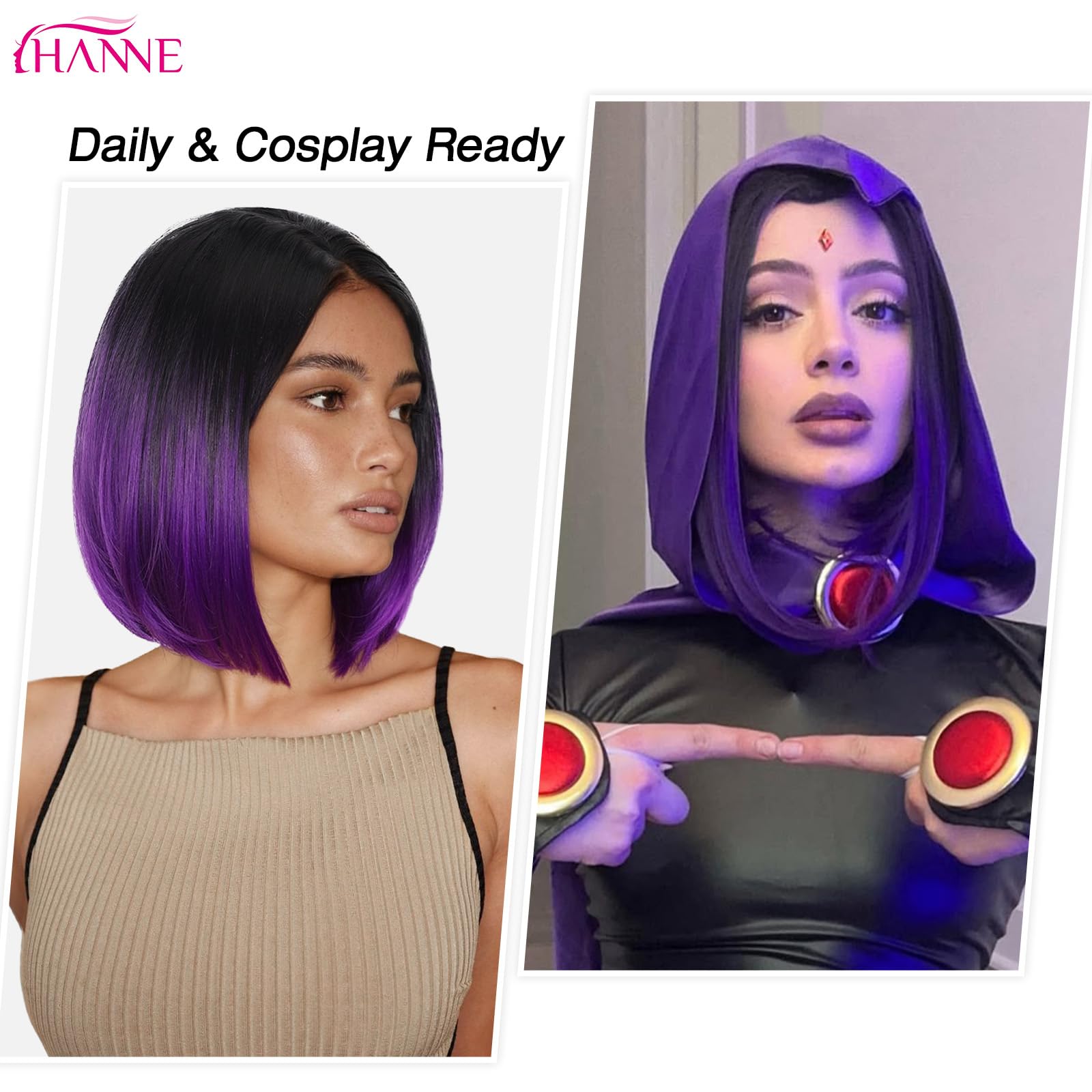 HANNE Ombre Black to Purple Wig Short Bob Wigs Shoulder Length Bob Hair Short Straight Hair Bob Wigs for Women Ombre Purple Wig (Ombre Purple): Black to Purple