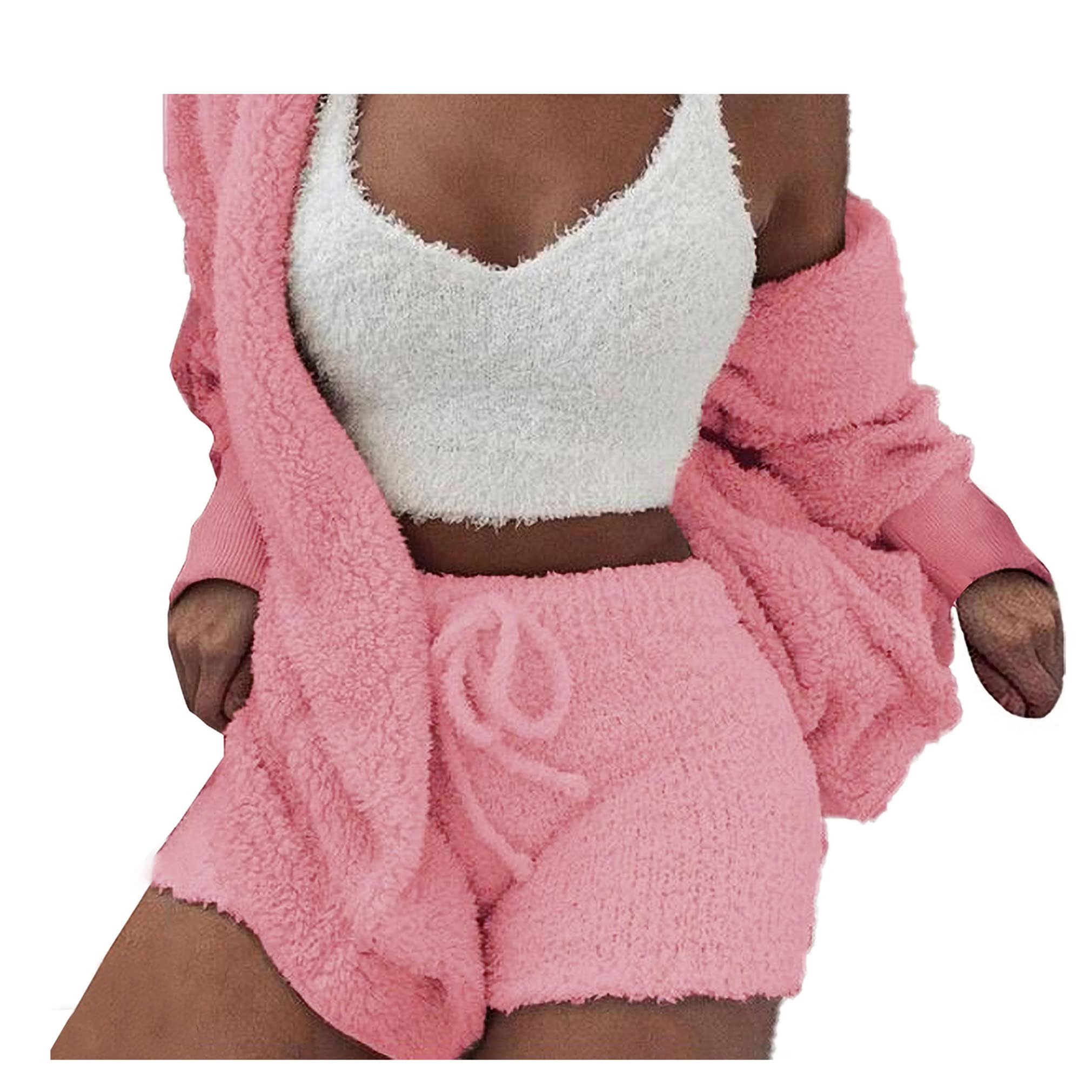 Famnbro Women's Sexy Fuzzy 3 Piece Outfits Fleece Warm Hooded Cardigan Crop Top Shorts Set Pajamas Loungewear