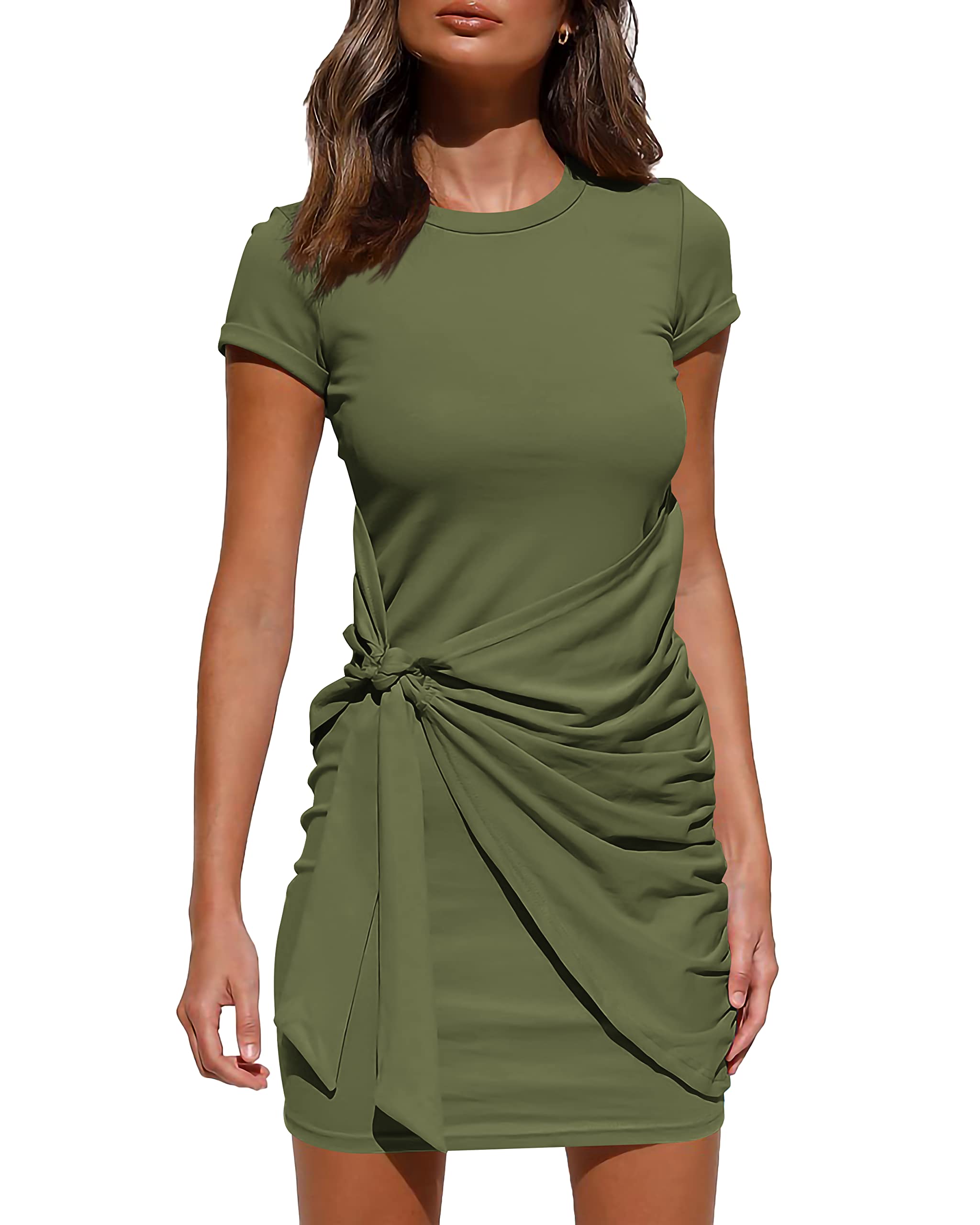 BTFBM Women 2025 Spring Casual Short Sleeve Ruched Bodycon Tank T Shirt Dress Tie Waist Sun Beach Summer Mini Dresses
