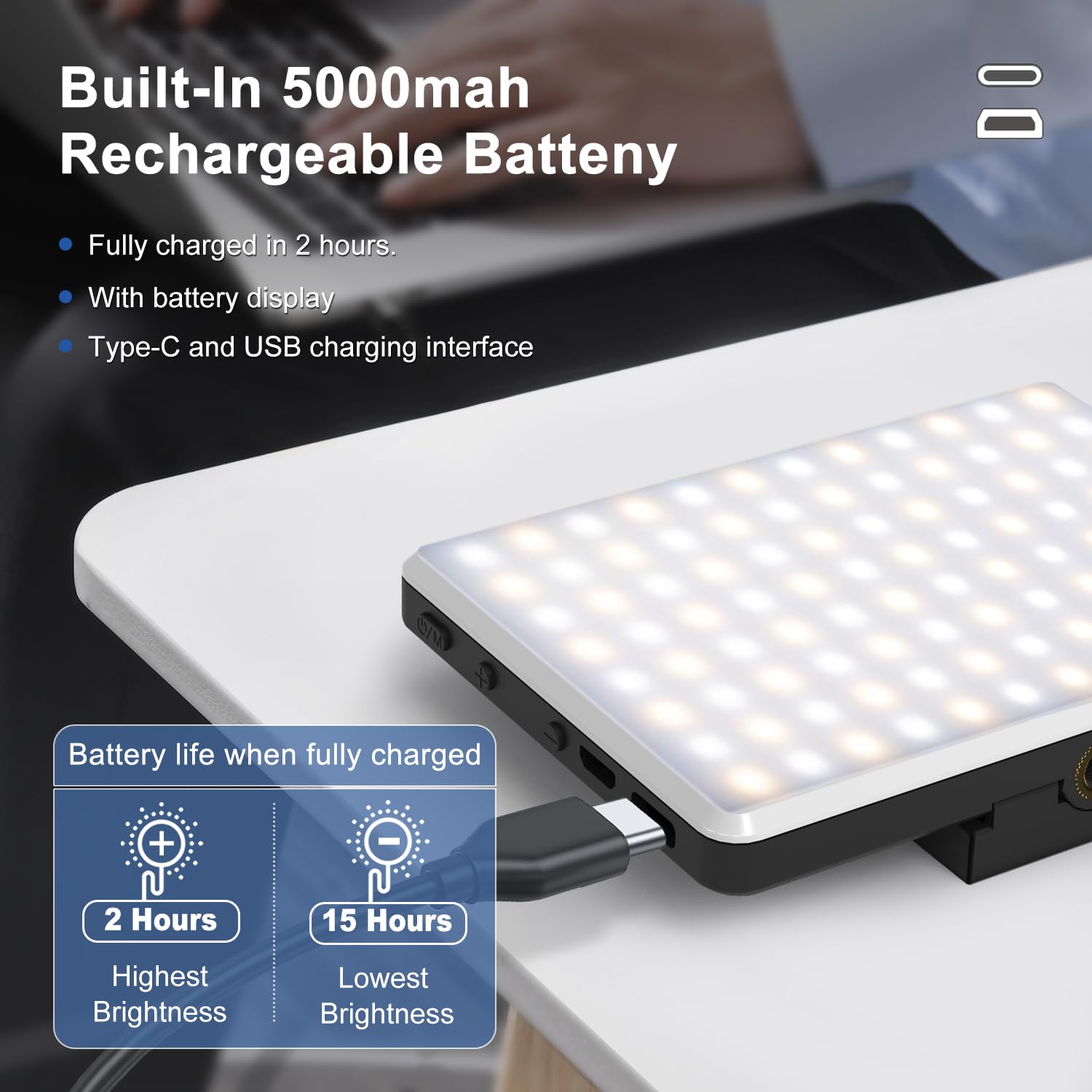 OLRPT Selfie Light, Phone Light Underwater Continuous Lights, 60 LED Portable Light with 3 Modes, 5000mAh Rechargeable Video Light for Phone, iPhone, IPad, Laptop, TikTok, Makeup, Live Stream, Vlog: Black