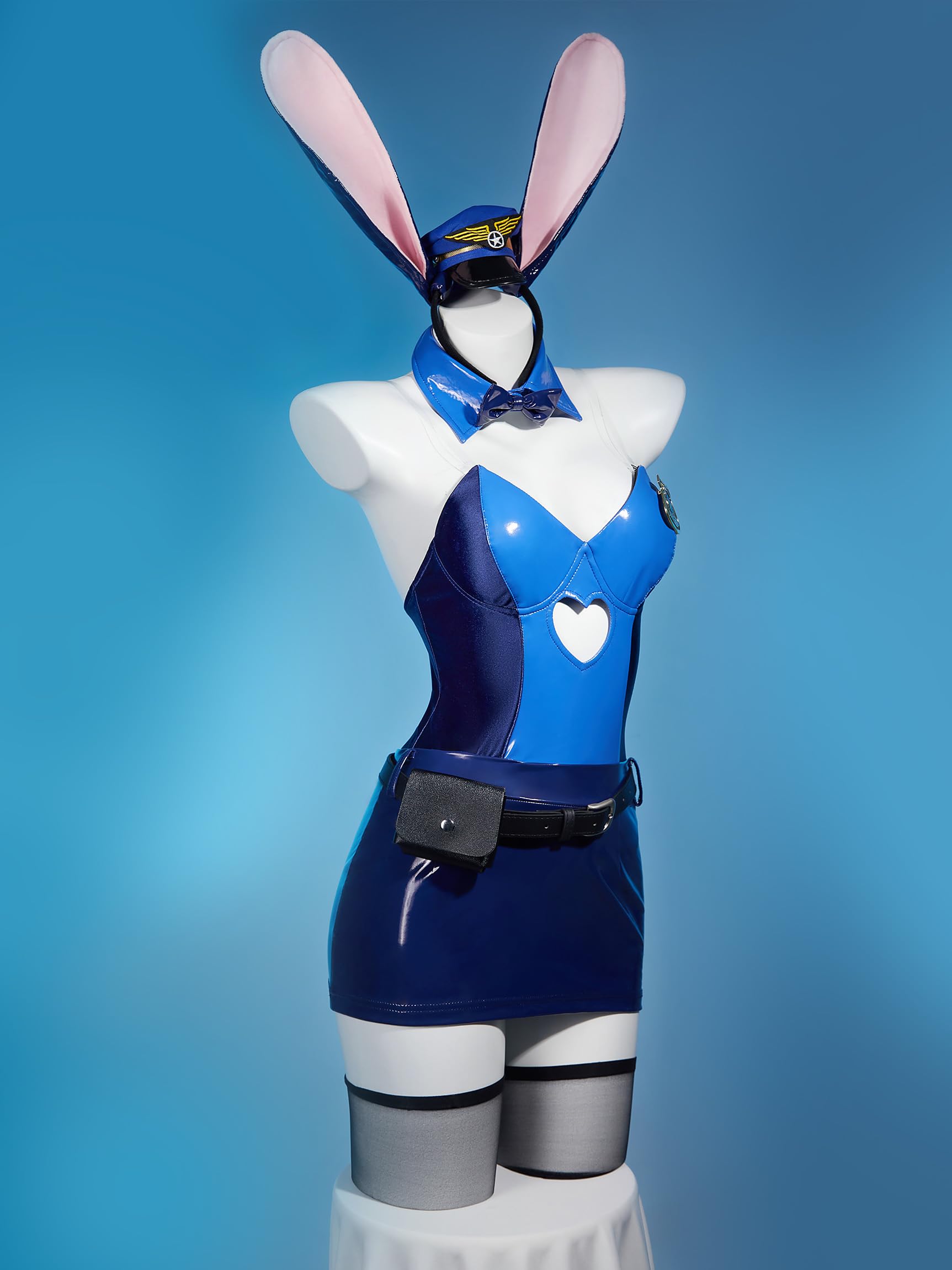 Women Cartoon Derivative Sexy Bunny Costume Halloween Bodycon Tube Top Romper and Skirt with Headband Stockings: Small Blue