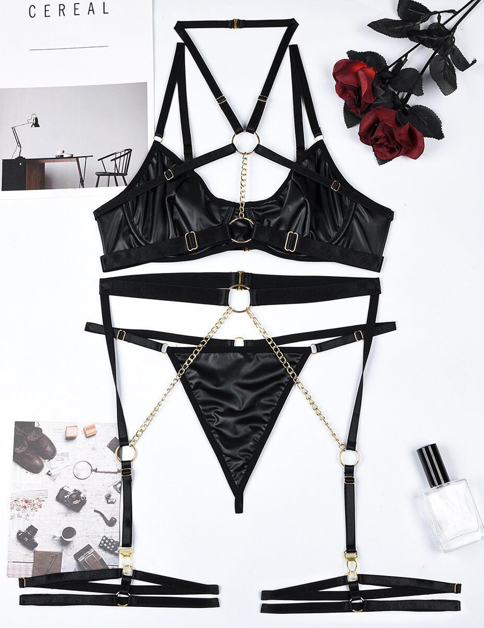 Avidlove Lingerie Set for Women Sexy Strappy 5 Piece Lingerie Garter with Underwire Push Up Bra and Chain: Large Black