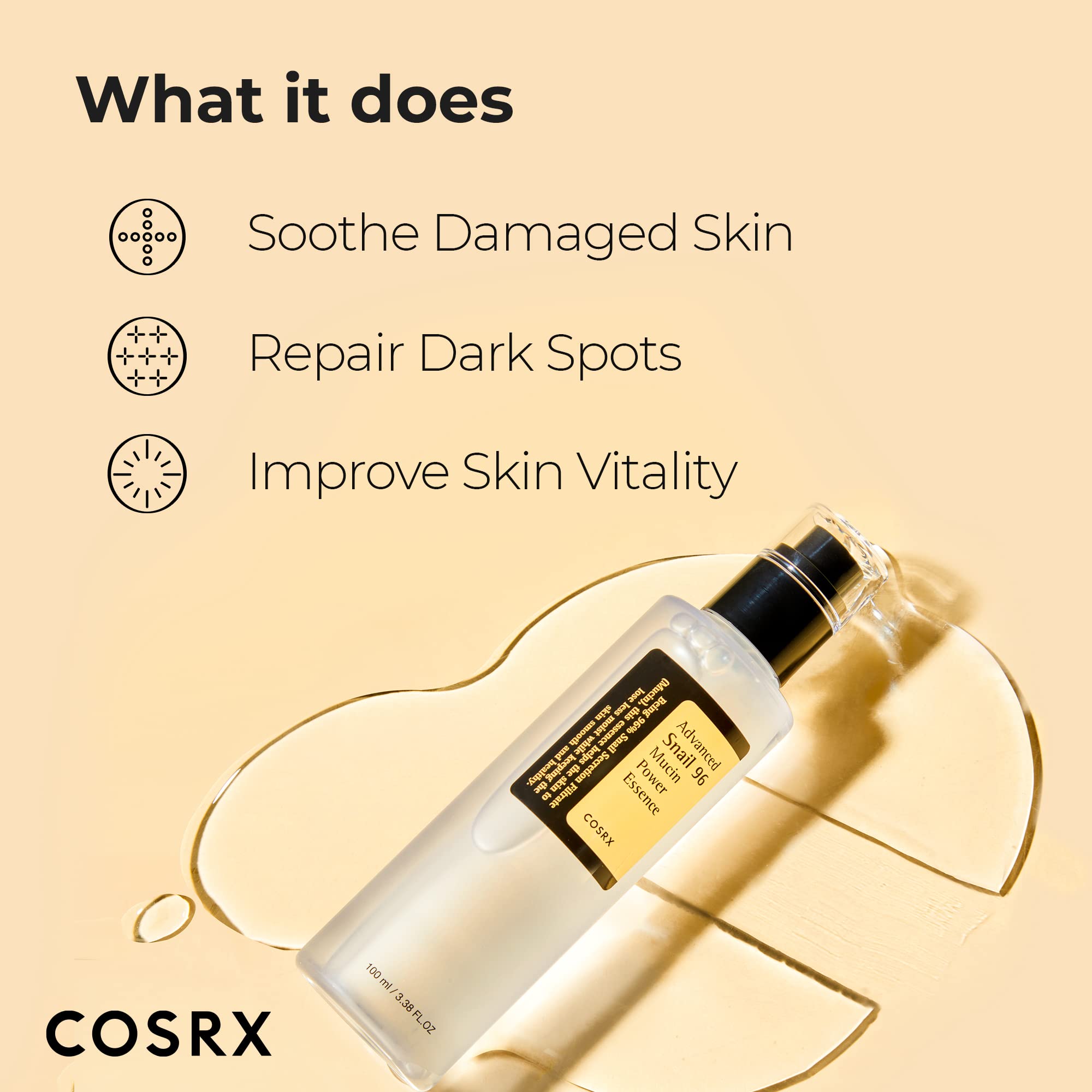 COSRX Snail Mucin 96% Power Repairing Essence 3.38 fl.oz 100ml, Hydrating Serum for Face with Snail Secretion Filtrate for Dull Skin & Fine Lines, Korean Skin Care: 3.35 Fl Oz (Pack of 1)