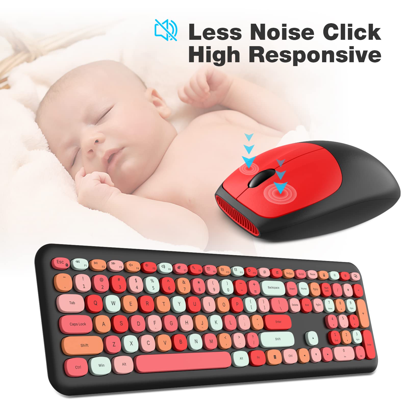 MOFII Wireless Keyboard and Mouse Combo,2.4GHz Retro Full-Size Keyboard with Number Pad and Cute Wireless Mouse for Computer PC Desktops Laptop WindowsxP/7/8/10(): Black Colorful