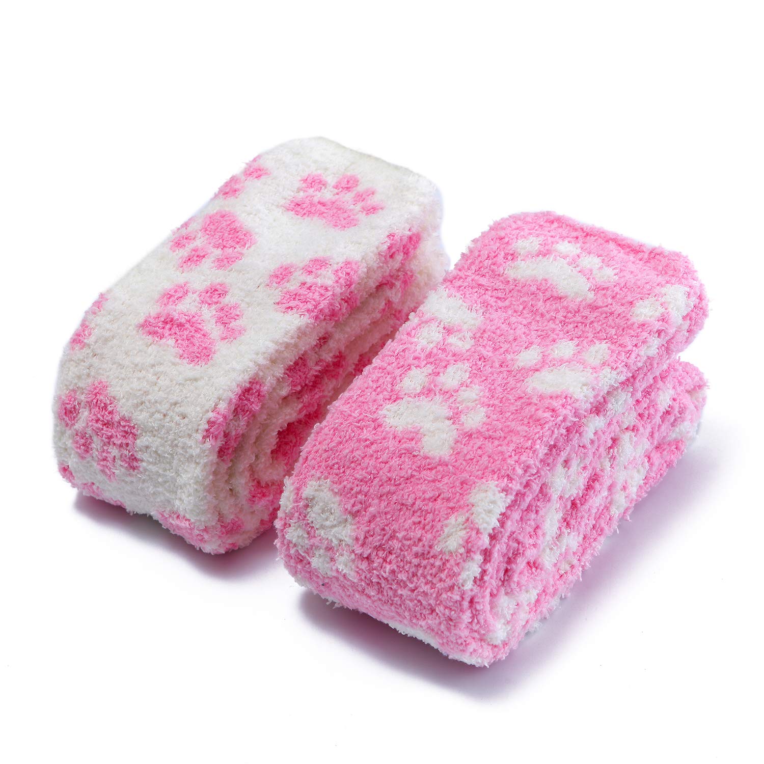 Littleforbig Cute Coral Fleece Thigh High Long Paws Pattern Socks 2 Pairs: Pink