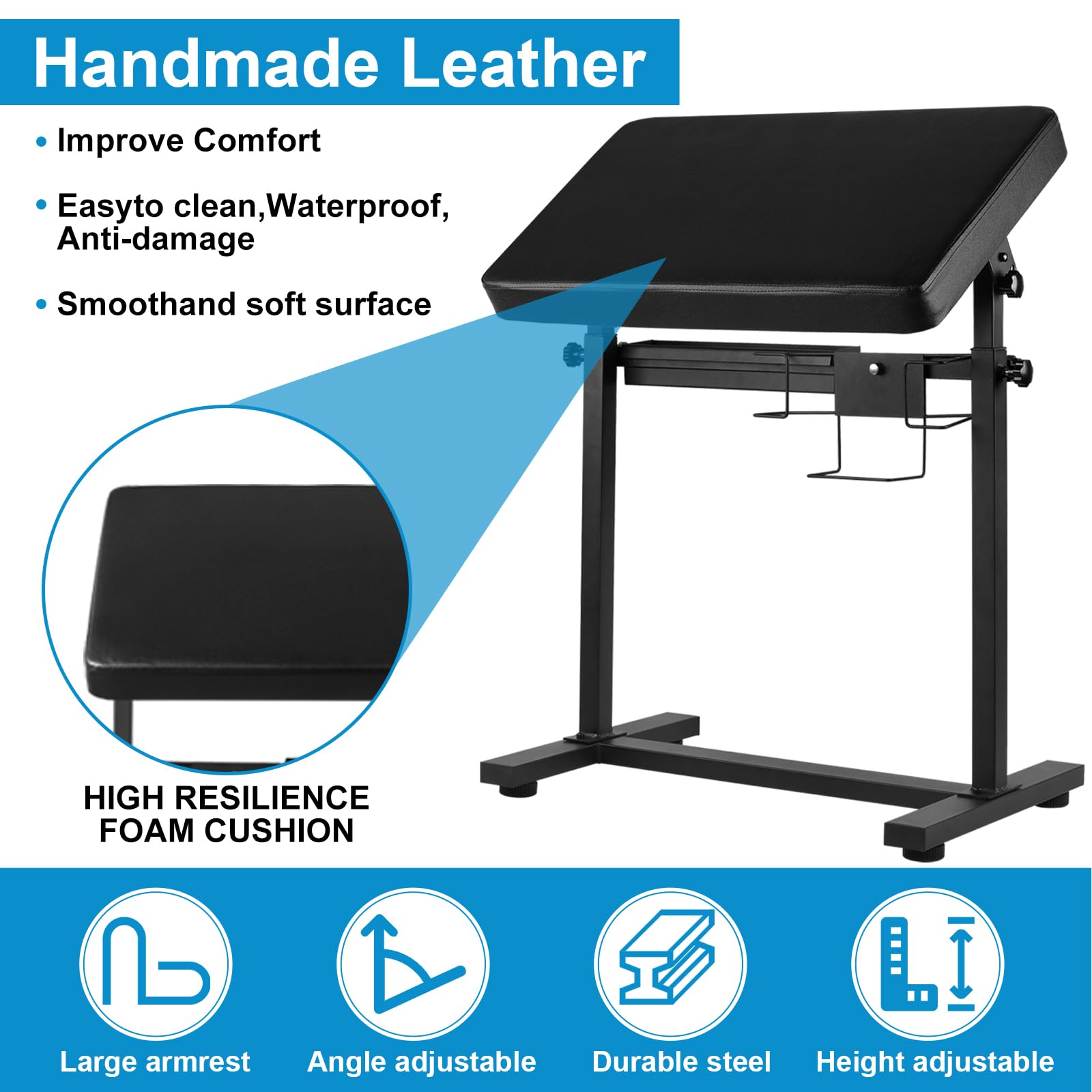 Tattoo Arm Rest Stand, Large Armrest Tattoo with Rack and Storage Compartment, Tattoo Armrest Stand with PU Leather Soft Sponge Pad, Adjustable Height & Angle for Tattoo Supplies