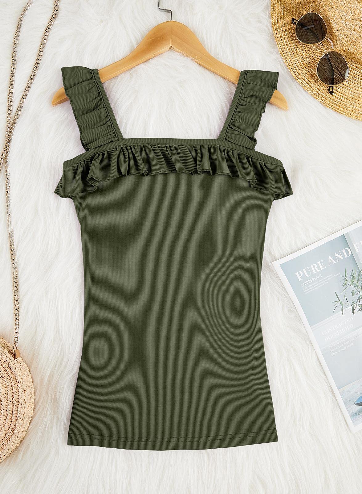 Womens Cute Sleeveless Tank Tops Ruffle Strap Square Neck Blouse Solid Color Knitted Camisole