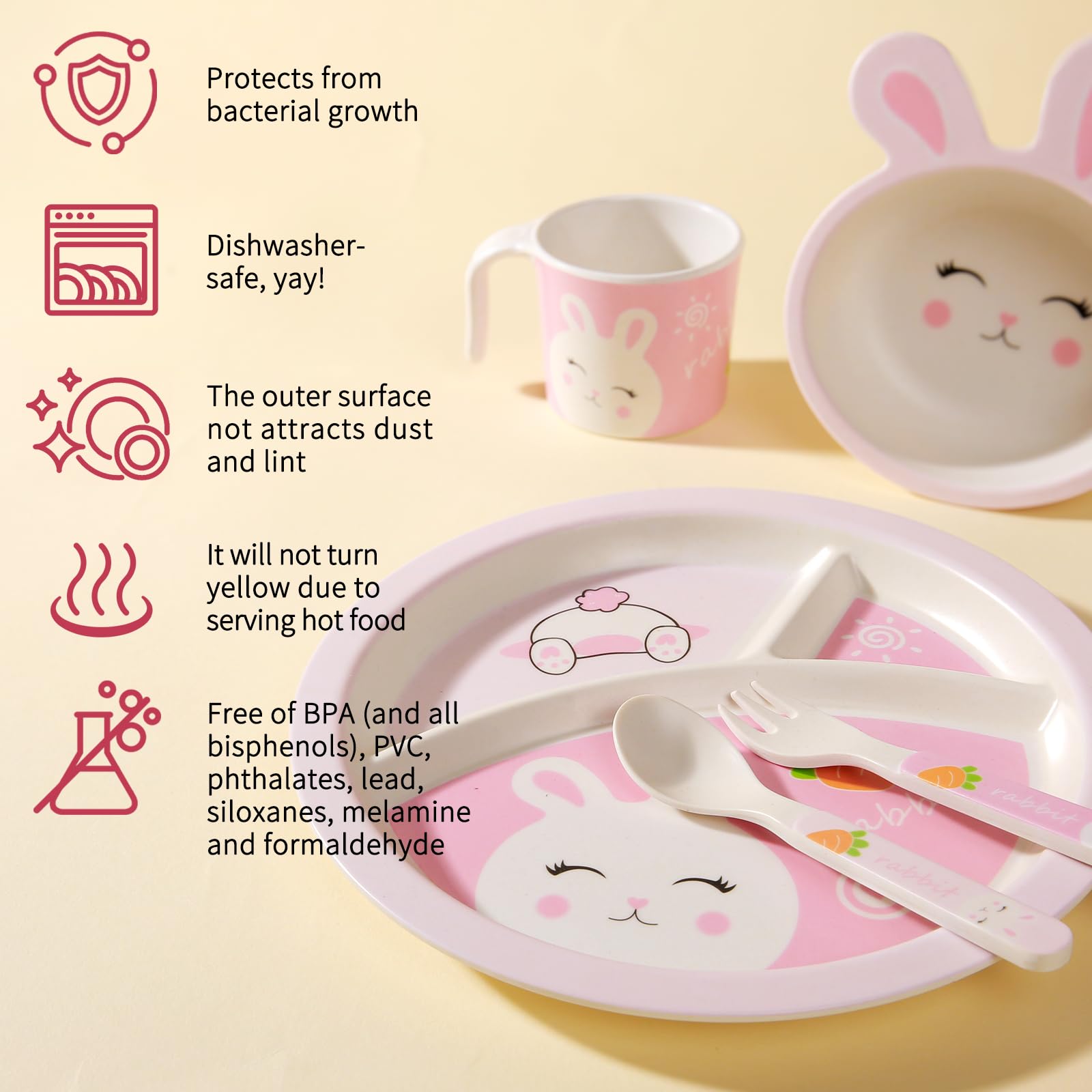 PHEENOWL Rabbit Toddler Plate Set 5 Pieces Includes 3-Section Divided Plate, Bowl, Tumbler and Utensil Tableware, Non-BPA Bamboo Fiber Material Perfect for Girls (Rabbit) thumbnail 4