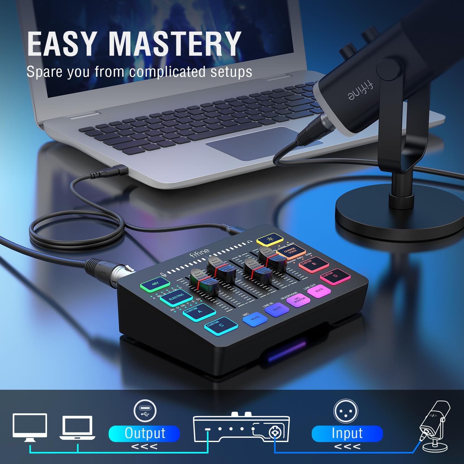 FIFINE Gaming Audio Mixer, Streaming RGB PC Mixer with XLR Microphone Interface, Individual Control, Volume Fader, Mute Button, 48V Phantom Power, for Podcast/Recording/Vocal/Game Voice-AmpliGame SC3 thumbnail 8