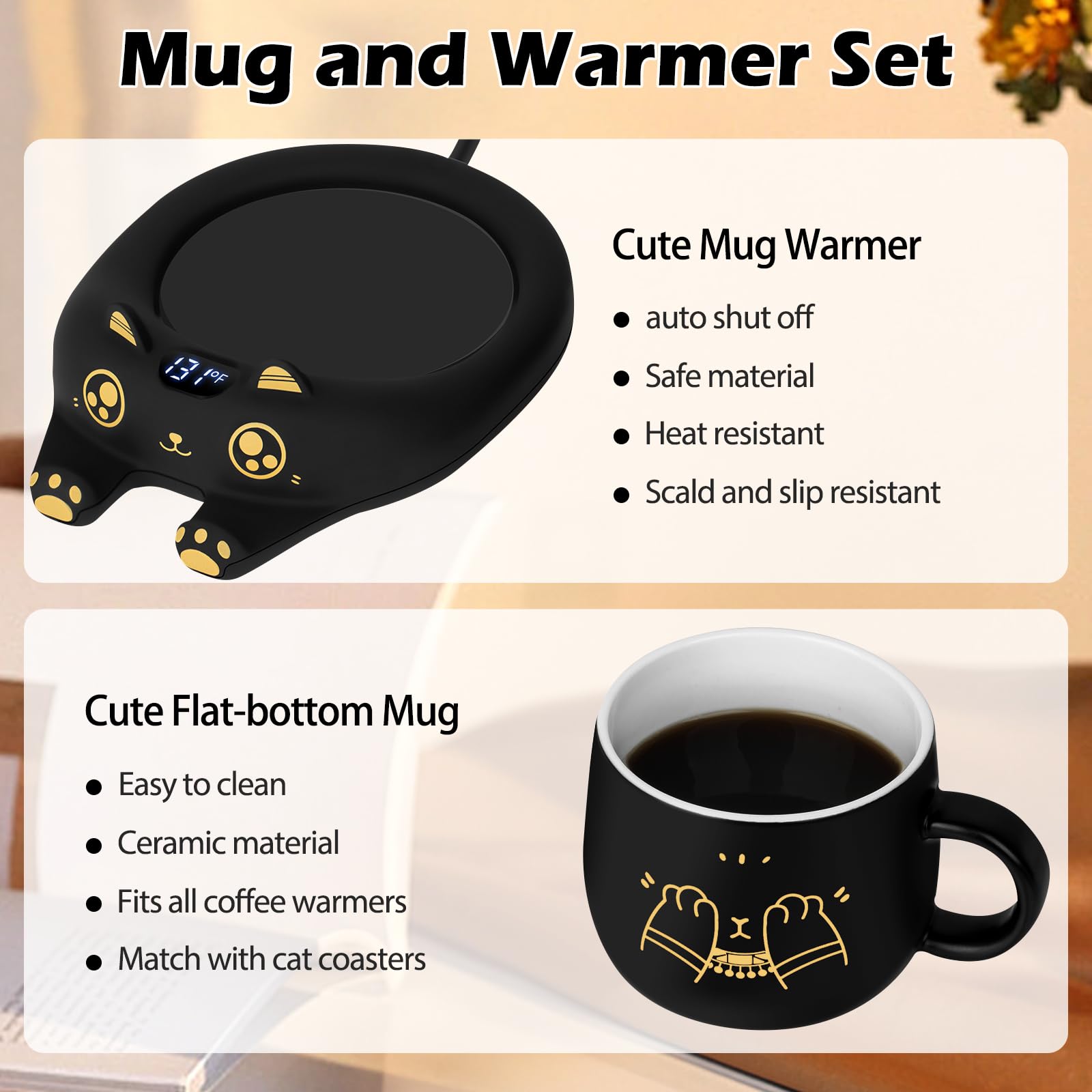 PUSEE Coffee Mug Warmer & Cute Cat Mug Set, Coffee Cup Warmer for Desk with Auto Shut Off, Beverage Warmer with 3 Temp Settings, Candle Warmer Coffee Warmer with Mug Set for Christmas & Birthday Gifts: Ador Black Set