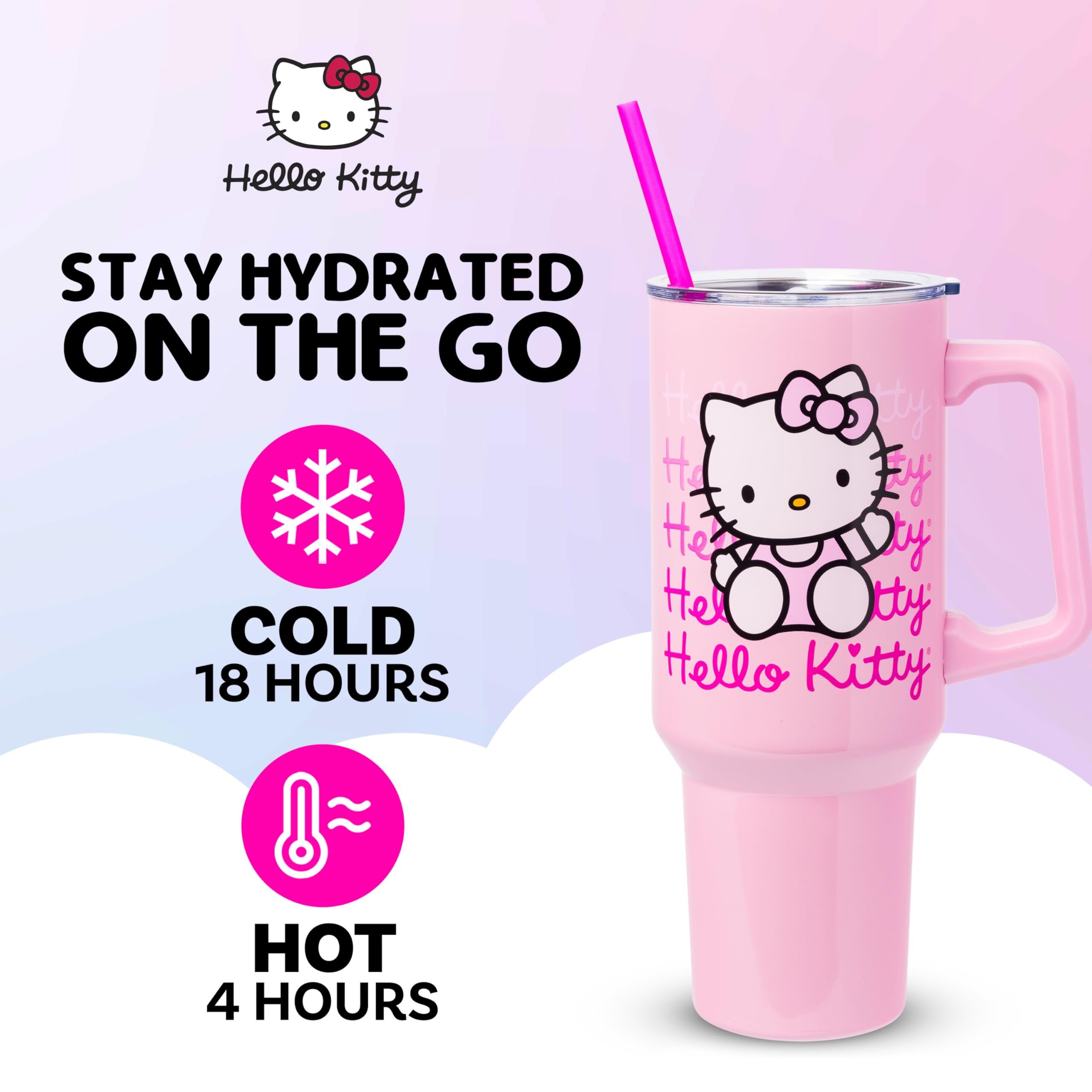 Silver Buffalo Sanrio Hello Kitty Waving Stainless Steel Tumbler with Handle and Straw, Fits in Standard Cup Holder, 40 Ounces