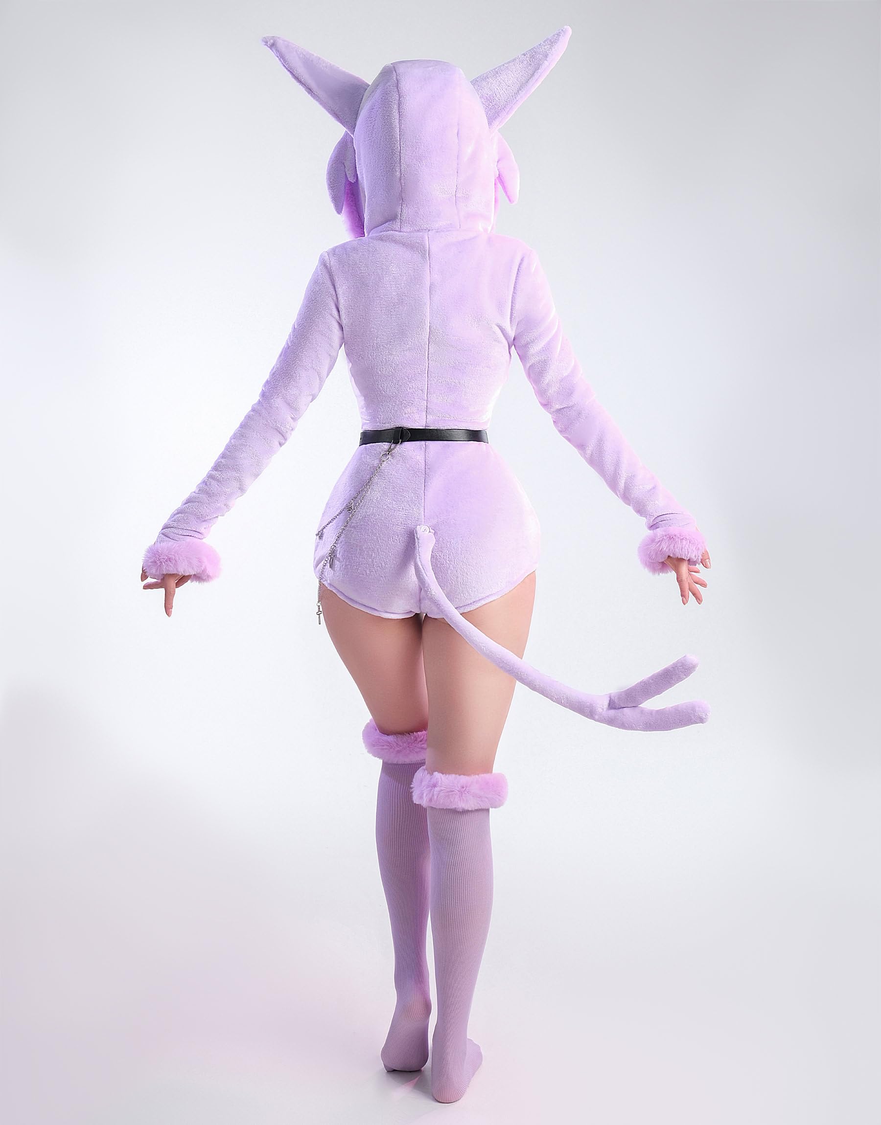 Mobbunny Anime Derivative Romper Onesie Pajamas Bodysuit with Tail Belt and Socks Fluffy Bodycon Hooded Jumpsuit: Small Purple