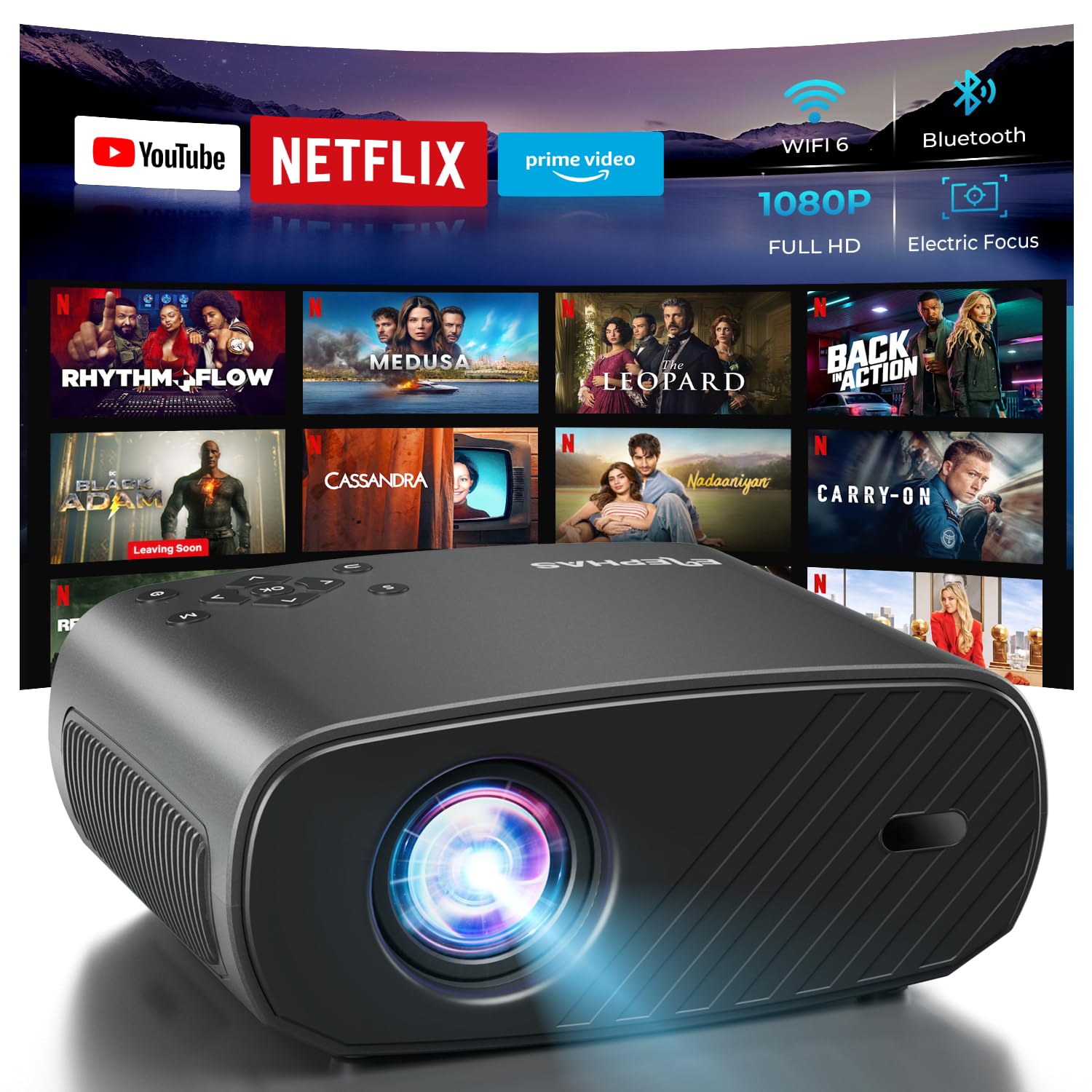 Mini Projector for iPhone, ELEPHAS 2024 Upgraded 1080P HD Projector, 8000L Portable Projector with Tripod, Movie Projector Compatible with Android/iOS/Windows/TV Stick/HDMI/USB: Black