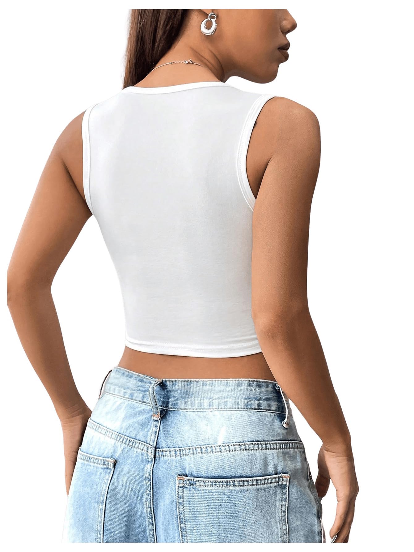 SHENHE Women's Letter Print Lace Up Round Neck Slim Fit Crop Going Out Tank Tops
