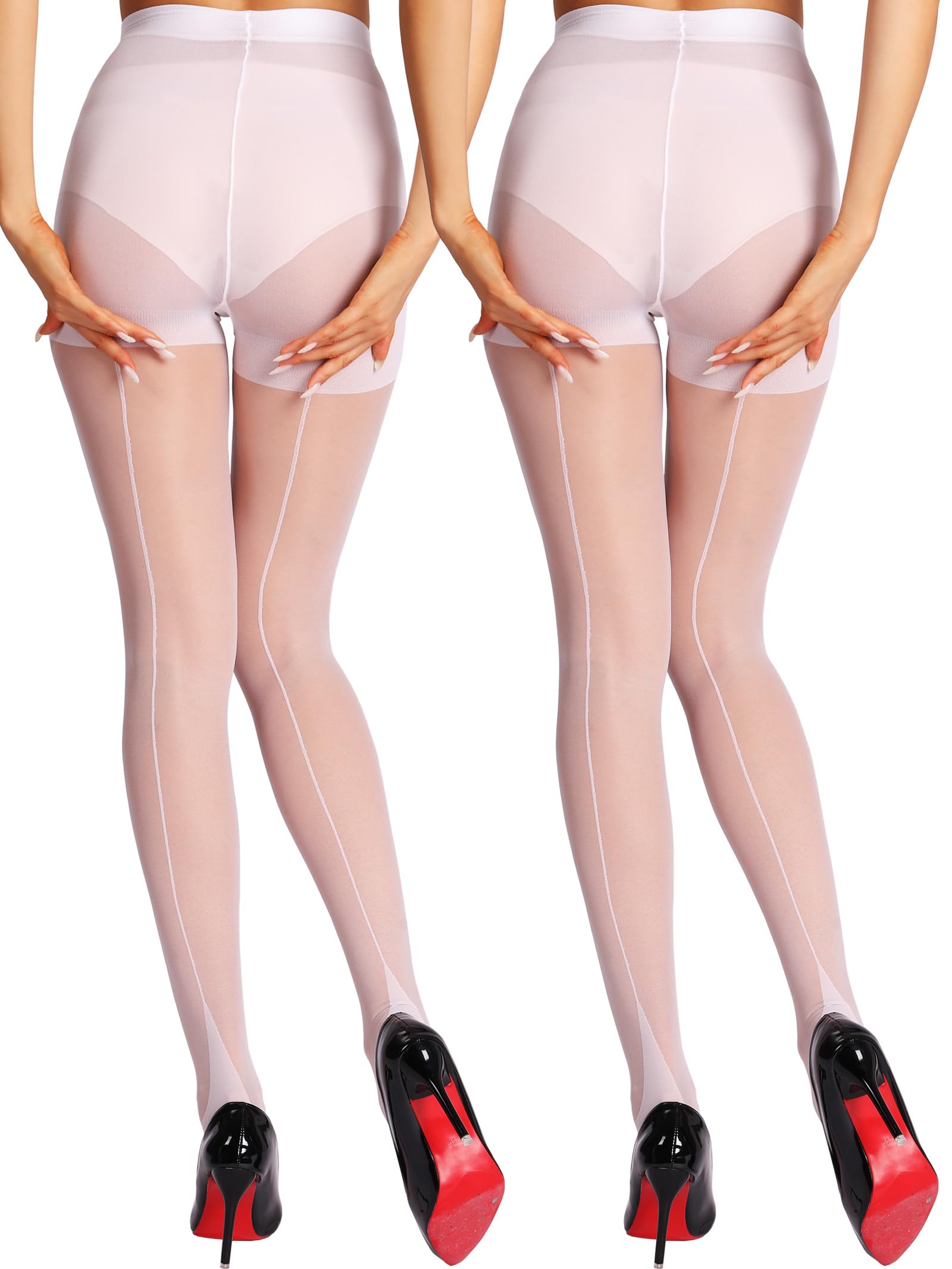 HONENNA Backseam Sheer Tights for Women 2 Pairs High Waist Patterned Cuban Heel Pantyhose With Control Top: Medium White