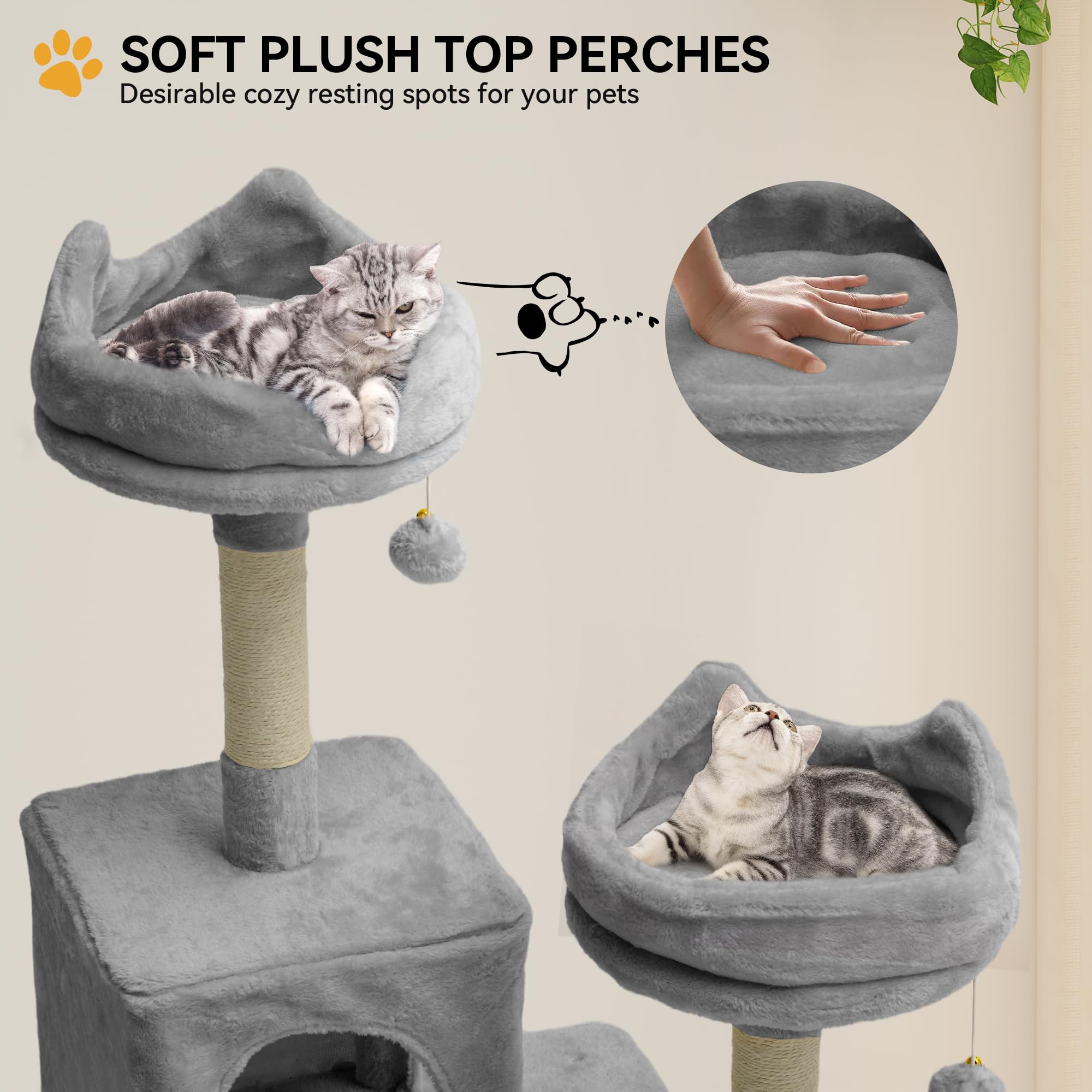 YITAHOME Tall Cat Tree for Indoor Cats, 75 inch Multi-Level Cat Tower with Cat Condos, Top Perches, Sisal Ramp Scratching Posts, Cozy Basket,Hammocks, Large Cat Pet Activity Structure,Pink: 75 inches Light Grey