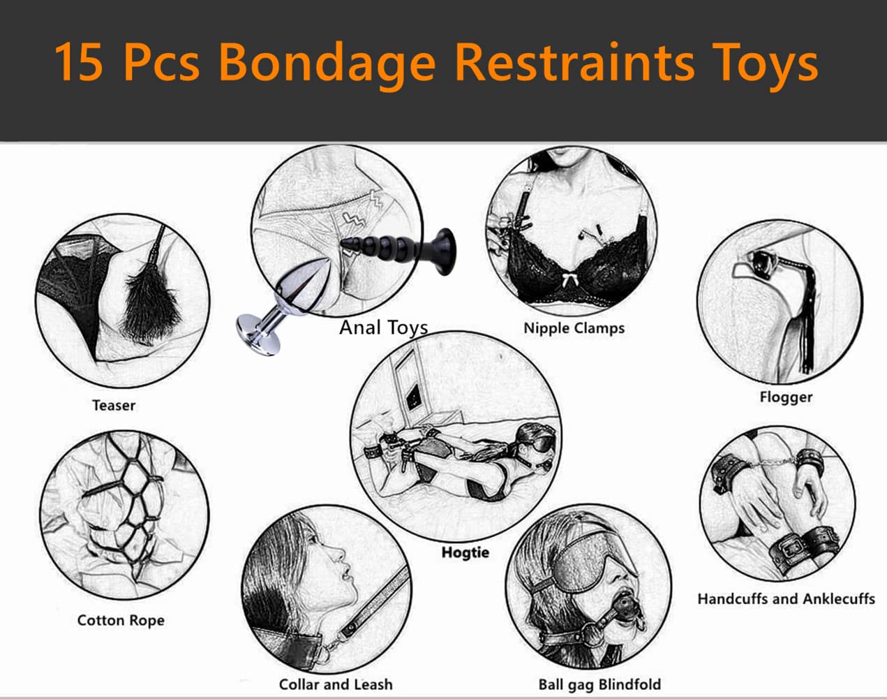 BDSM Restraints Sex Toys 15 Pcs for Couples Bondage Kits Fetish Bed Restraints Set for Beginners SM Adult Games Spanking Paddle: Black