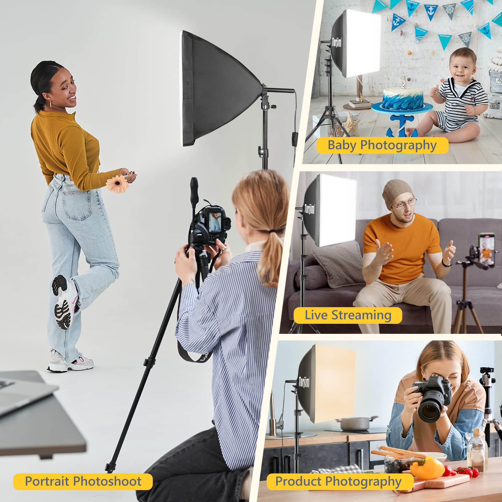 Torjim Softbox Photography Lighting Kit, 16'' x 16'' Professional Softbox Lighting Kit with 85W 3000-7500K LED Bulbs, Studio Lights for Photography/Video Recording/Live Streaming/Portraits Shooting: 16inch