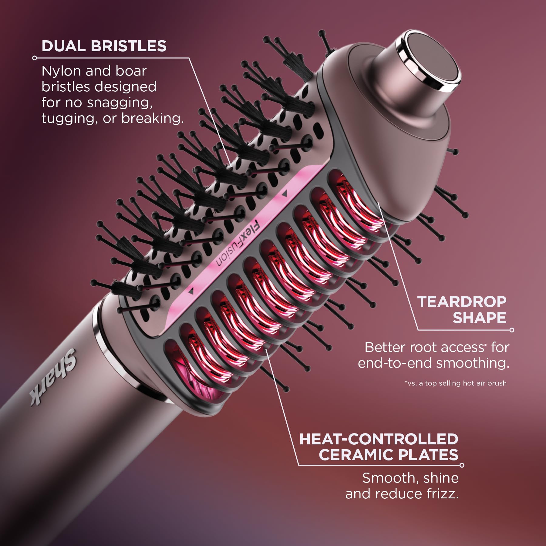 Shark FlexFusion Hair Straightener & Powerful Hair Dryer with Fusion Hair Brush, Ceramic Air Styler with Auto-Wrap Hair Curlers & Concentrator, Ceramic Plates, Cosmic Blush HD641S