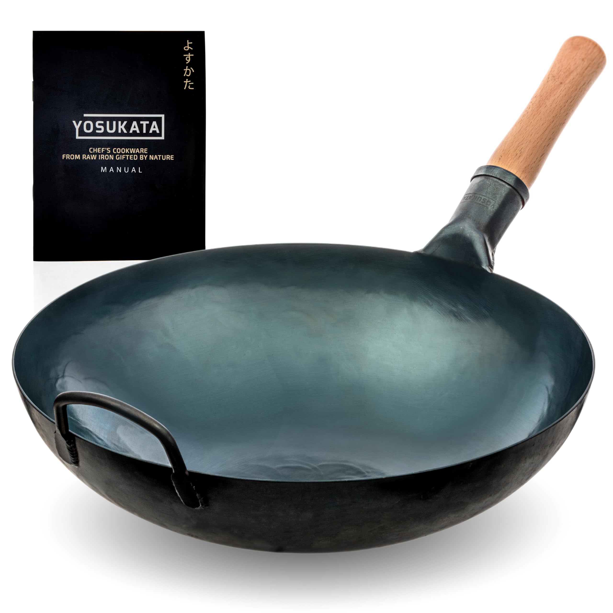 YOSUKATA 14” Round Bottom Carbon Steel Wok Pan – Blue Pre-Seasoned Pow Wok for Stir Fry, BBQ, Grill & Camping – Traditional Japanese & Chinese Cookware – Compatible with Gas Stoves & Open Fire Only: 14" Blue