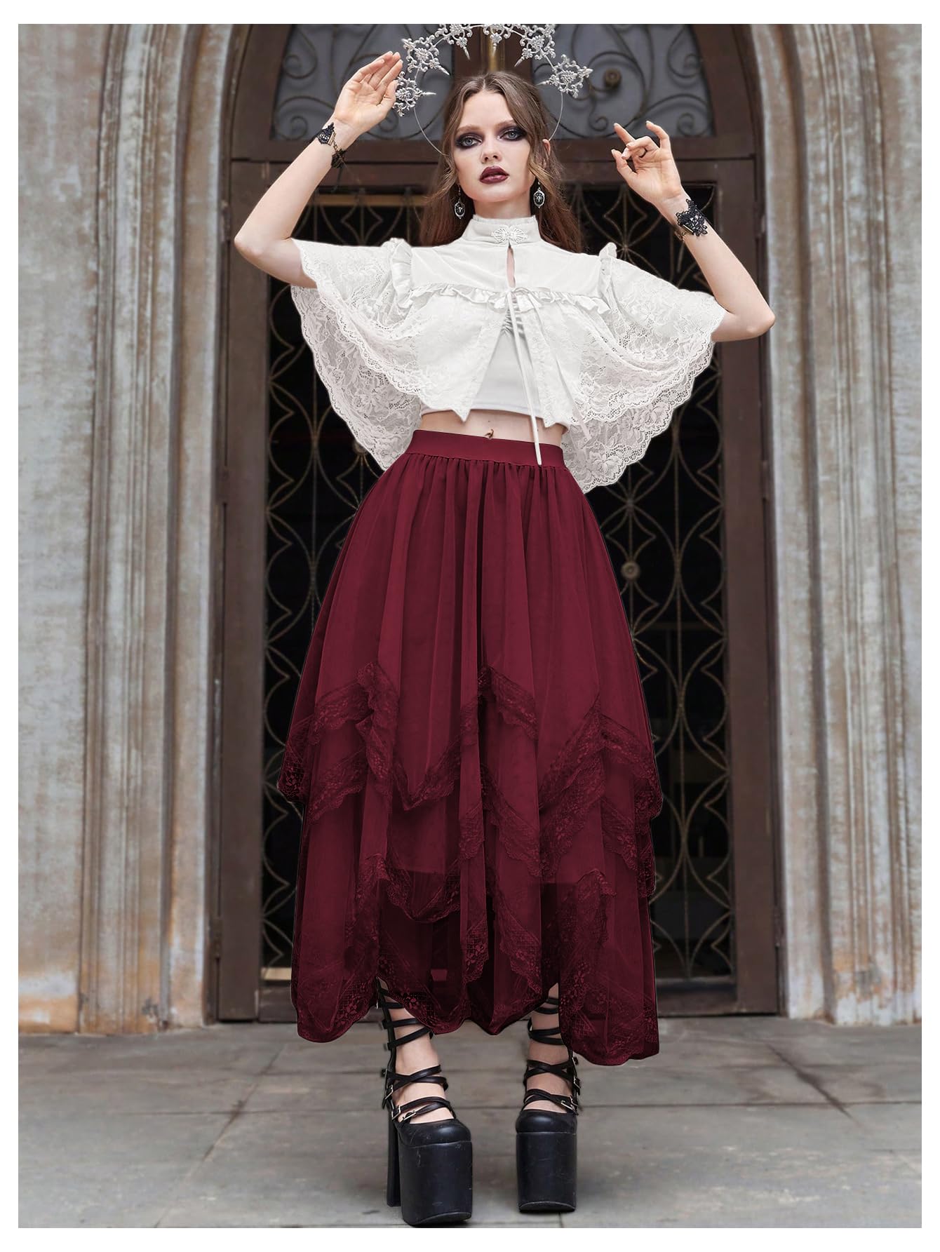 SHENHE Women's Lace Trim Layered Mesh Tulle Skirt High Waist Asymmetrical Long Goth Skirt