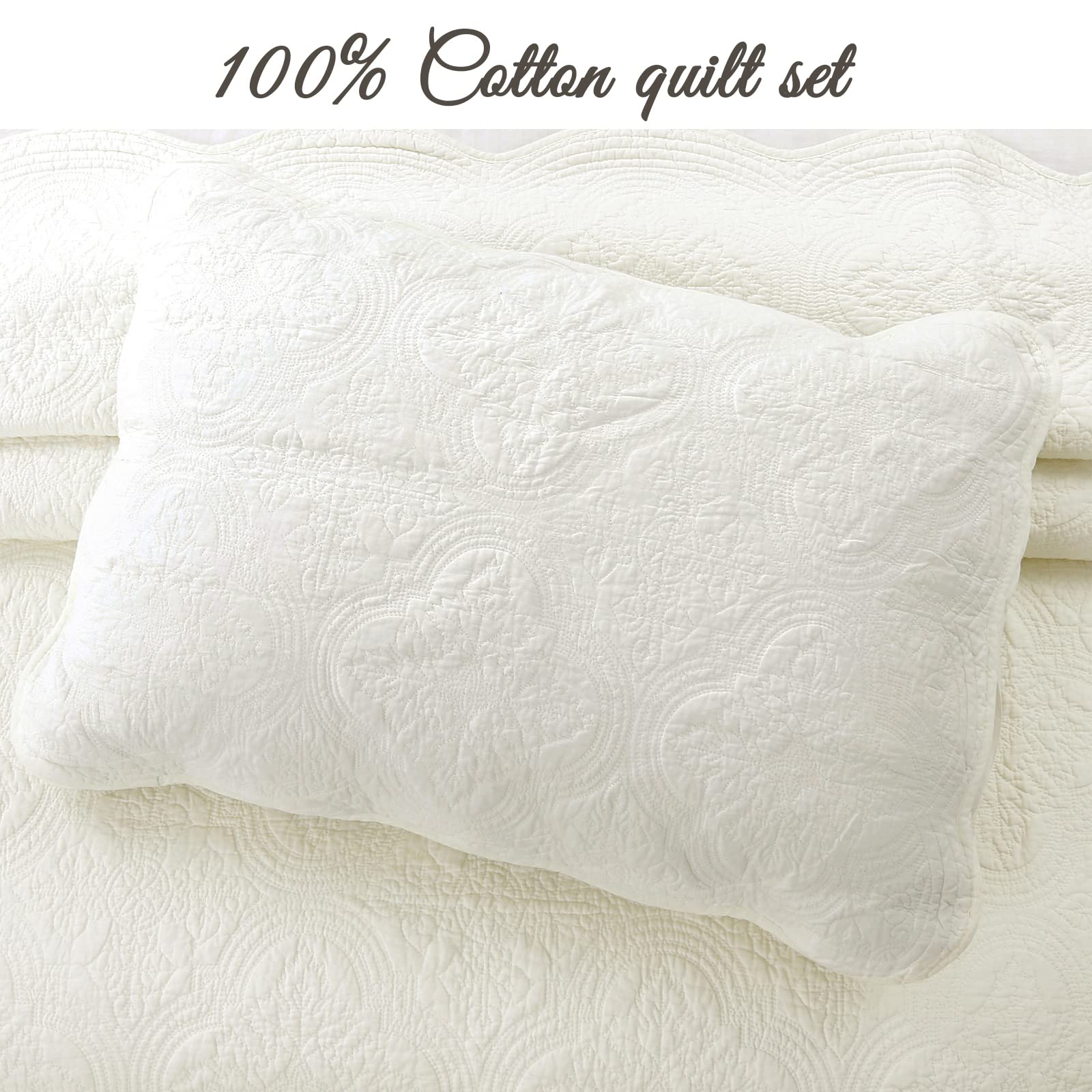 Cozy Line Home Fashions 100% Cotton Victorian Medallion Solid White Matelasse Embossed Bedding Quilt Set, Reversible Lightweight Bedspread, Coverlet for All Season (Blantyre - White, King - 3 Piece)