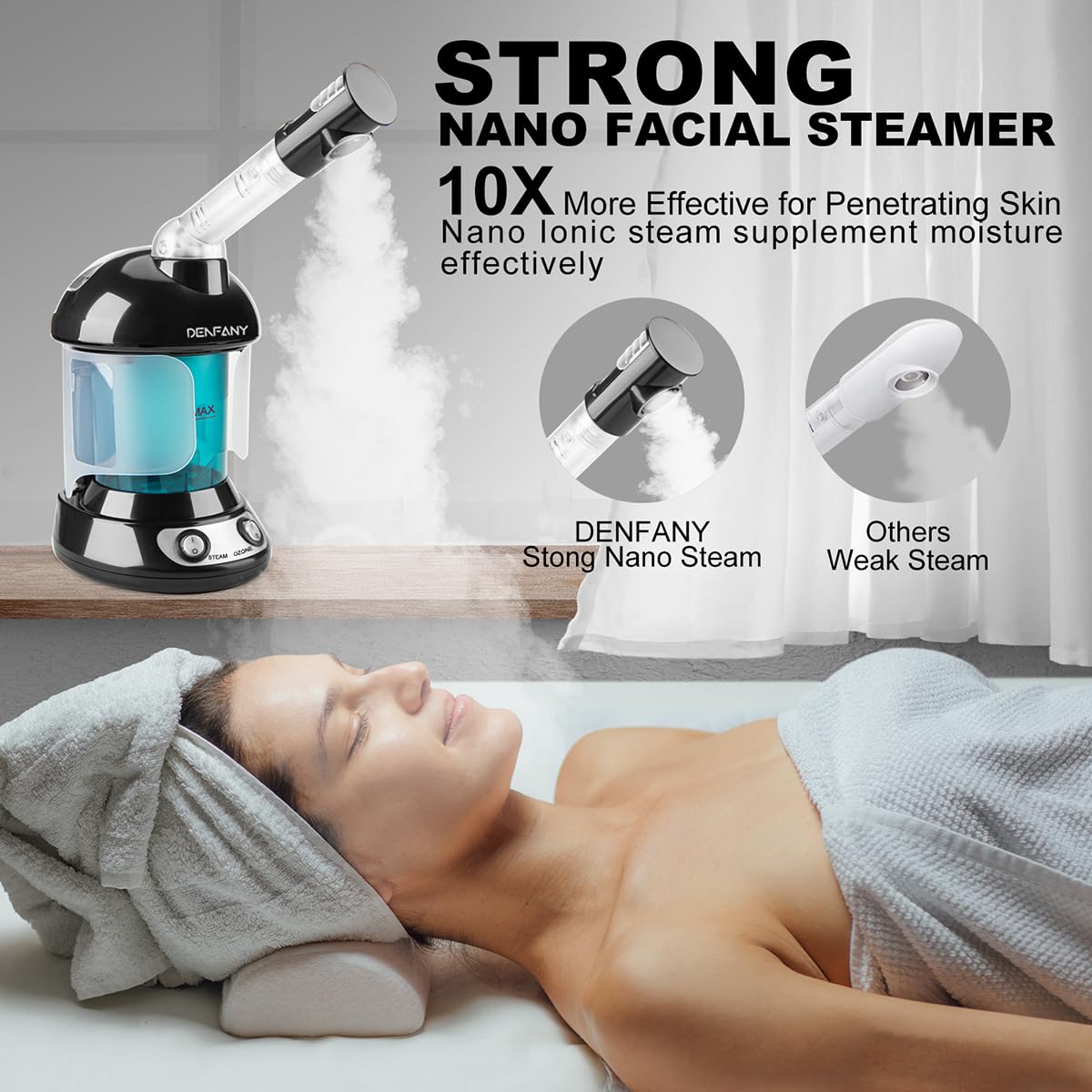 Facial Steamer - DENFANY Nano Ionic Face Steamer with Extendable 360° Rotating Arm - Portable Facial Steamer for Personal Care at Home or Salon ()
